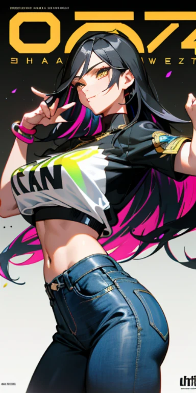 background, mixed language_text, Japanese letters in graphite, beautiful woman ashley alexiss, long black hair gradient, excellent lighting, side lighting, perfect finish (gradient colors: 1.3), (magazine_cover: 1.4), (multicolored_background: 1.3), :: discs with sharp and shiny blades in the hand :: circular pieces of white metals glued to the ultra detailed arms coming out sparkling glow, star design stamped in the middle of the t-shirt, Perfect and detailed sculptural body, ultra detailed shirt with abstract design and with Japanese letter print in graphite of the sides of the clothing, jeans used, large chest with immersive effects, hover effect, graphite background style flowers with flowers and vibrant colors, "ultra" HDR detailed and with focus effect, (masterpiece: 1.2, best quality), (beautiful emerald yellow eyes with huge finely detailed eyelashes: 1.2), , ((Solo)), (Finely detailed eyes and detailed face: 1.3), beautiful ultra-detailed eyes, linear light smile, graffiti and tattoo style background, woman, alone. midriff, skintight bodysuit with detailed tattoo style print, ultra-detailed red gradient leather jacket, warm thighs, black skintight pants with ultra-detailed white and pink details, large breasts, ultra-detailed bracelets on the arms, , bracelet on the right arm with ultra bright red energy