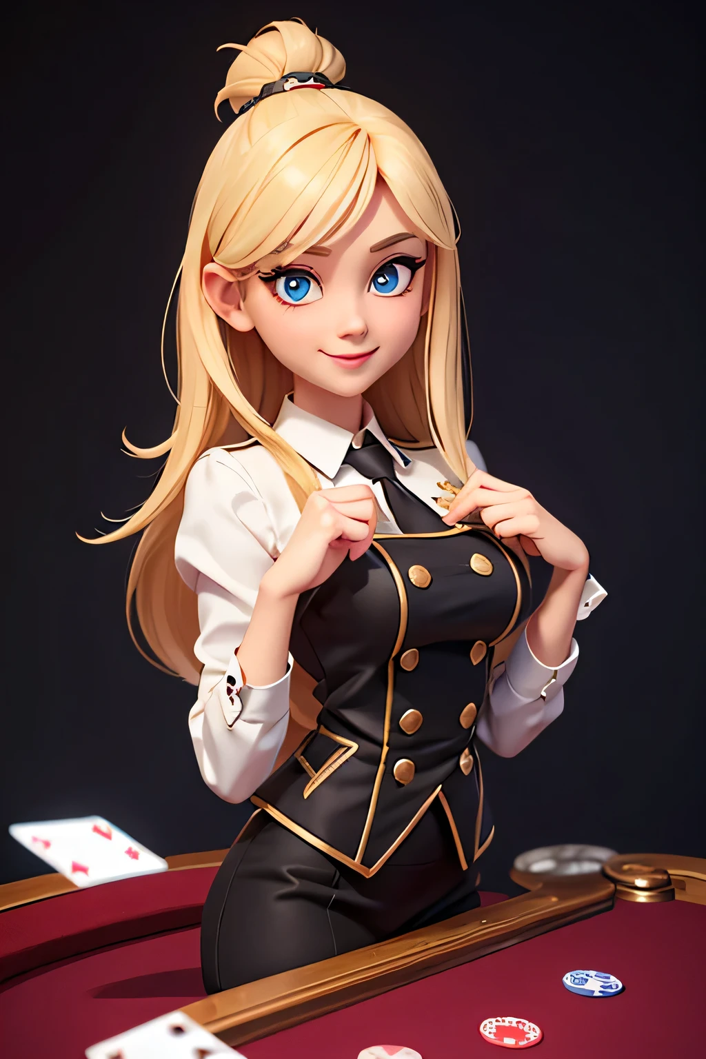 a girl,8k highly detailed, casual games, , 3D art style, Half body photo,dealer,White background,big eyes,blond,Lovely,dealer,playing cards in hand,mature woman,solid color background,long hair,Smile