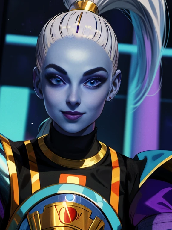 (absurdres, highres, ultra detailed:1.2), photorealistic, eye focus, 1girl, solo, Vados_DB, ponytail, blue skin, violet eyes, standing, smile, looking at viewer, holding staff in right hand, close up 