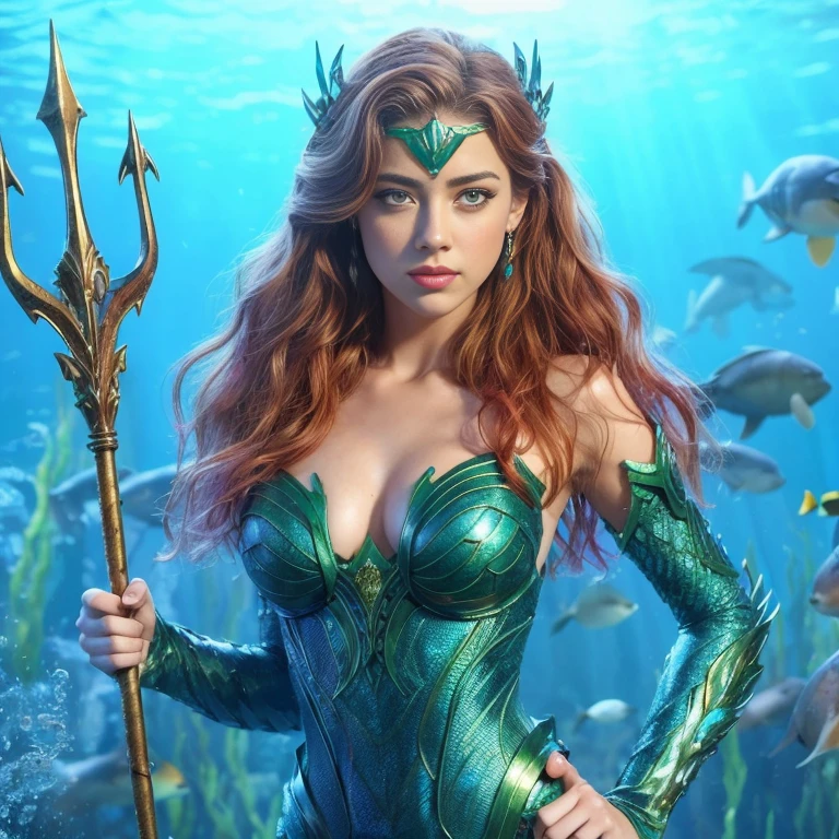 AMBER HEARD mujer hermosa, caucasian, pelo color rojo y largo, ojos claros, mojada, tiara verde, vestida con traje de armadura cuerpo completo color azul y verde con escamas, mera reyna de atlantis, sosteniendo un tridente, in defense position to attack, at the bottom of the ocean among marine fauna, ((Calidad superior, 8k, obra maestra: 1.3)), belleza, AMBER HEARD, Grande: 1.3, Abdominales delgados: 1.1, Textura facial y de piel muy detallada.