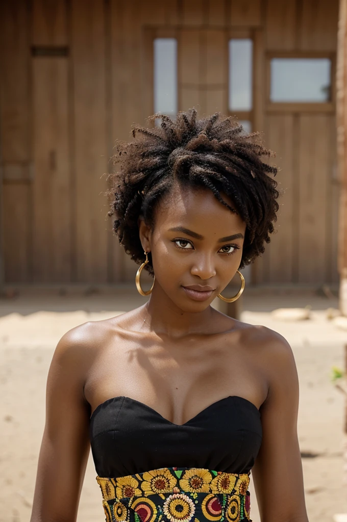 A female AI model of East African descent, possibly resembling the beauty standards of Burundi or Rwanda. She has the rich, dark skin tone often associated with African heritage. Her hair  styled in a modern African manner, perhaps in beautifully an afro, showcasing the unique and diverse hair textures found in Africa. Her body, in line with East African aesthetics,  strong and graceful with striking eyes, and a warm, captivating smile holding a flower in a black dress 