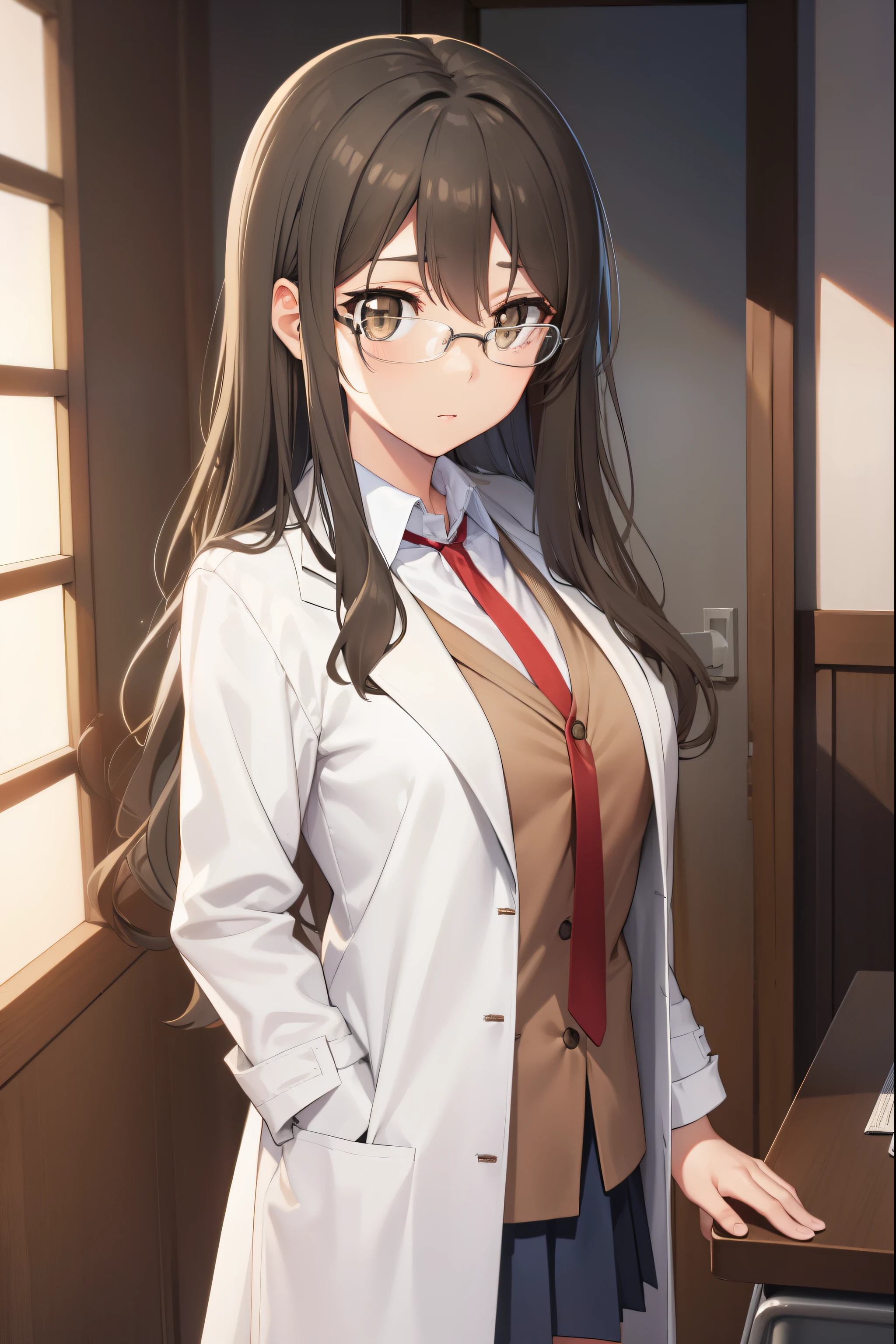 riofutaba, rio futaba, black-framed eyewear, (brown eyes:1.7), glasses, (grey hair:1.2), hair between eyes, over-rim eyewear, semi-rimless eyewear, long hair, sidelocks,
BREAK blazer, blue skirt, brown jacket, coat, collared shirt, jacket, lab coat, long sleeves, miniskirt, necktie, open clothes, open coat, pleated skirt, red necktie, school uniform, shirt, skirt, undershirt, (white coat:1.5), white shirt,
BREAK looking at viewer,
BREAK indoors, classroom,
BREAK (masterpiece:1.2), best quality, high resolution, unity 8k wallpaper, (illustration:0.8), (beautiful detailed eyes:1.6), extremely detailed face, perfect lighting, extremely detailed CG, (perfect hands, perfect anatomy),