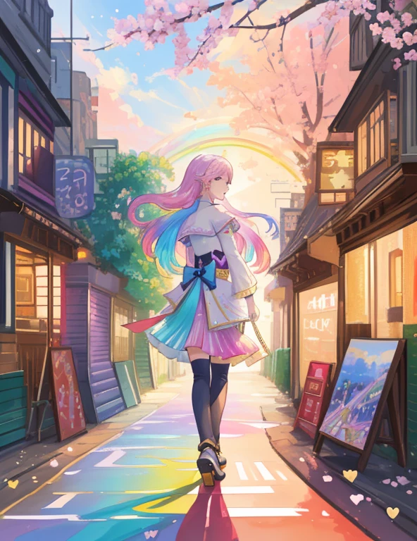 painting of a woman walking down a street holding a rainbow heart, lgbt art, colorful art, beautiful art uhd 4 k, colorful picture, beautiful digital art, beautiful gorgeous digital art, beautiful digital artwork, painted in bright water colors, beautiful color art!, beautiful art, beautiful artwork, stunning art, a beautiful artwork illustration, by Yuumei, beautiful and colorful