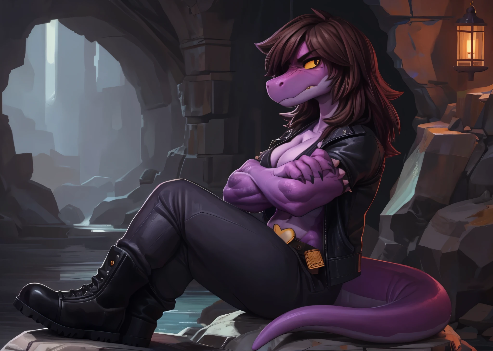 [susie], [Deltarune], [Uploaded to e621.net; (Pixelsketcher), (wamudraws), (woolrool)], ((masterpiece)), ((HD)), ((high res)), ((solo portrait)), ((side view)), ((feet visible)), ((scalie; anthro)), ((detailed fur)), ((detailed shading)), ((beautiful render art)), ((intricate details)), {anthro dinosaur; (athletic figure), purple scales, (reptile snout), (cute eyes), (yellow sclera), (black pupil), (bags under eyes), (short eyelashes), (long messy brown hair), long lizard tail, (defined muscles), (medium boobs), (curvy hips), (thick thighs), (beautiful legs), (annoyed expression)}, {(black leather jacket), (purple shirt), (cleavage), (navel), (baggy hot-pink pants), (black boots), (gold heart-shaped belt buckle), (spiky bracers)}, {(sitting on rock), (crossed arms), (crossed legs), (looking at viewer)}, [background; (dark-purple cave), (lantern), (cavern), (ruins), (ambient lighting)]