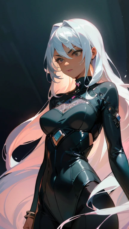 (masterpiece, best quality:1.3),beautiful detailed glow,best illuminate,(((best quality,textile shading,ultra detailed))),extremely detailed CG unity 8k wallpaper,Highly Detailed beautiful and aesthetic,best light,high resolution,detailed,dynamic lighting , 1Character , pastel washed out colors , cell shade , soft, muted shades ,gentle colors ,
She wears a form-fitting, midnight black bodysuit with intricate lace patterns resembling ocean waves, The bodysuit features a deep, plunging neckline and long, sheer sleeves with silver beadwork, a flowing, translucent, aqua-blue skirt with an uneven hem, The skirt adorned with silvery seashell-shaped sequins that shimmer, She wears a silver choker with a moonstone pendant t, Her wrists are adorned with silver bangles,
Beautiful woman, extremely long hair , ((silver hair:1.3)) , wavy hair , full lips , pink iris , fit body , ((brown skin:1.3)), ((dark skin:1)), has striking long, white hair that flows down to her mid-back, strong and determined facial structure, with fierce, light pink eyes that convey her unwavering resolve, eyebrows are thin and arched, powerful and athletic build, She notably tall and statuesque, well-defined muscles, age 33