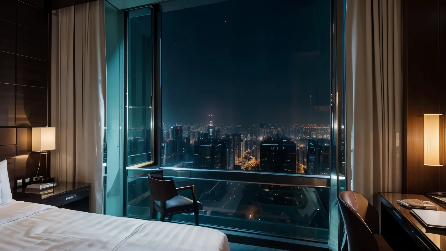 Room, large room, luxury, modern, hotel, two big bed side of room, full room view, large window, futuristic city outside of window, window close, Shanghai, night time, no one, 8k quality, high details, masterpiece