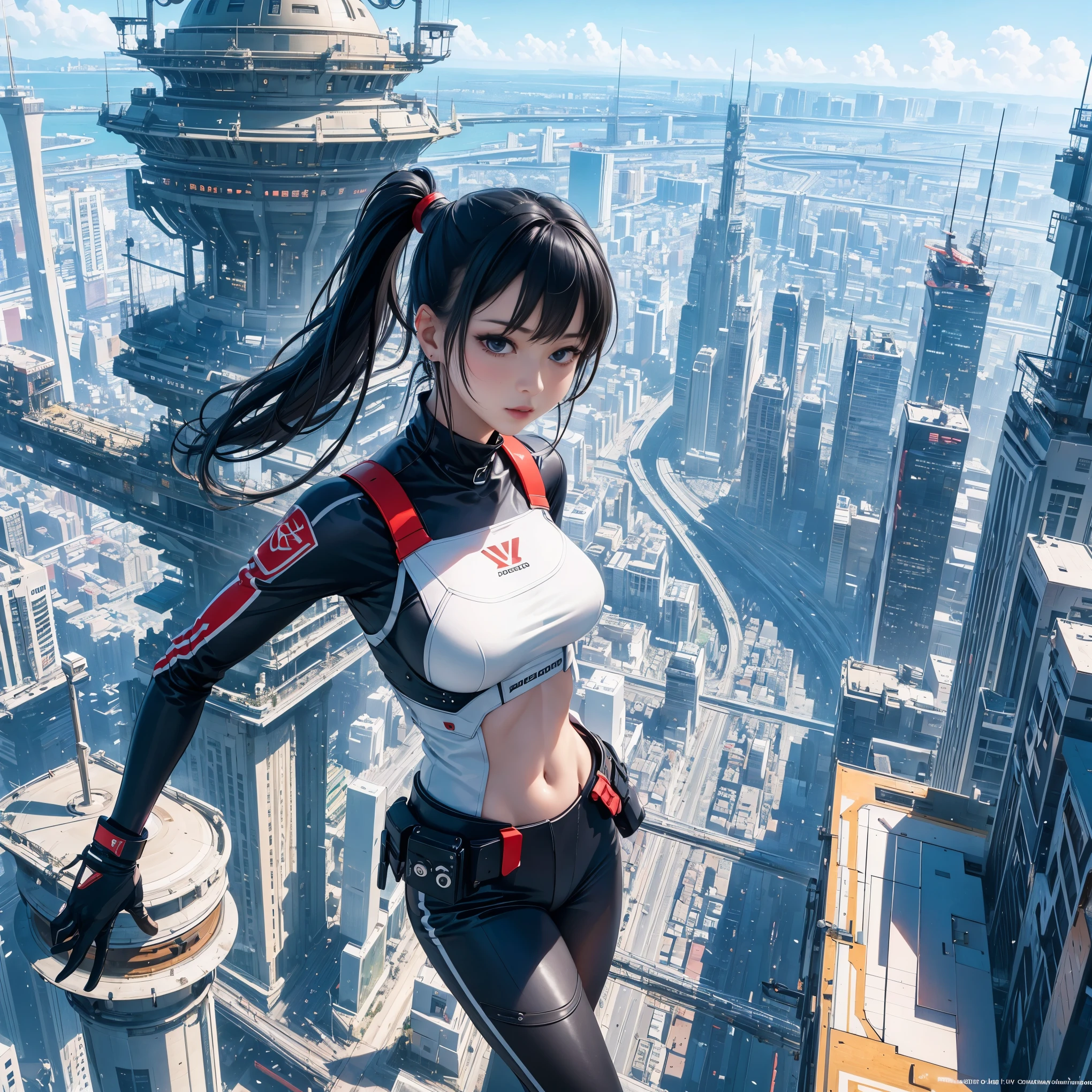 (ultra-detailed, masterpiece:1.2), extremely detailed artwork, best quality, high-resolution, hyper-realistic:1.37, attractive girl, breathtaking leap, background cityscape