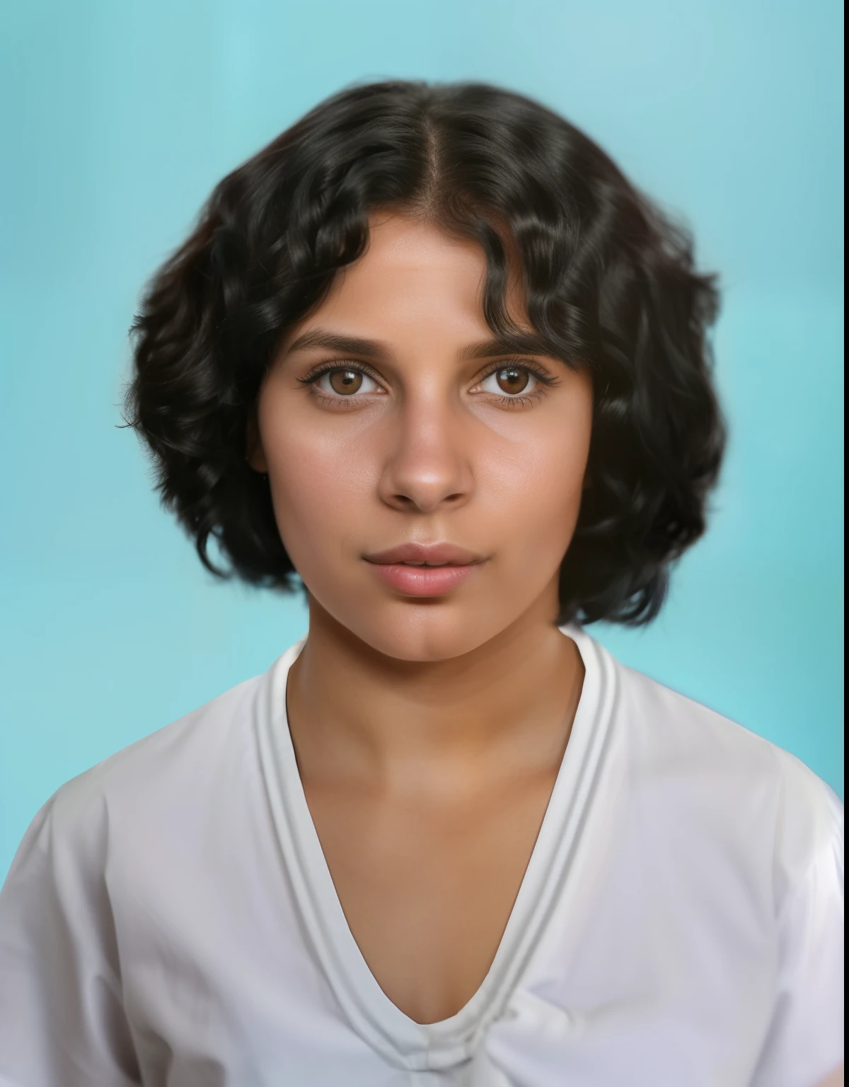 there  a woman with a short black hair and a white shirt, realistic restored face, 30-year-old woman from cuba, ancient libu young girl, realistic female portrait, portrait of female humanoid, realistically rendered face, dora the explorer as real girl, realistic studio portrait, young middle eastern woman, mixed-race woman, mixed race woman