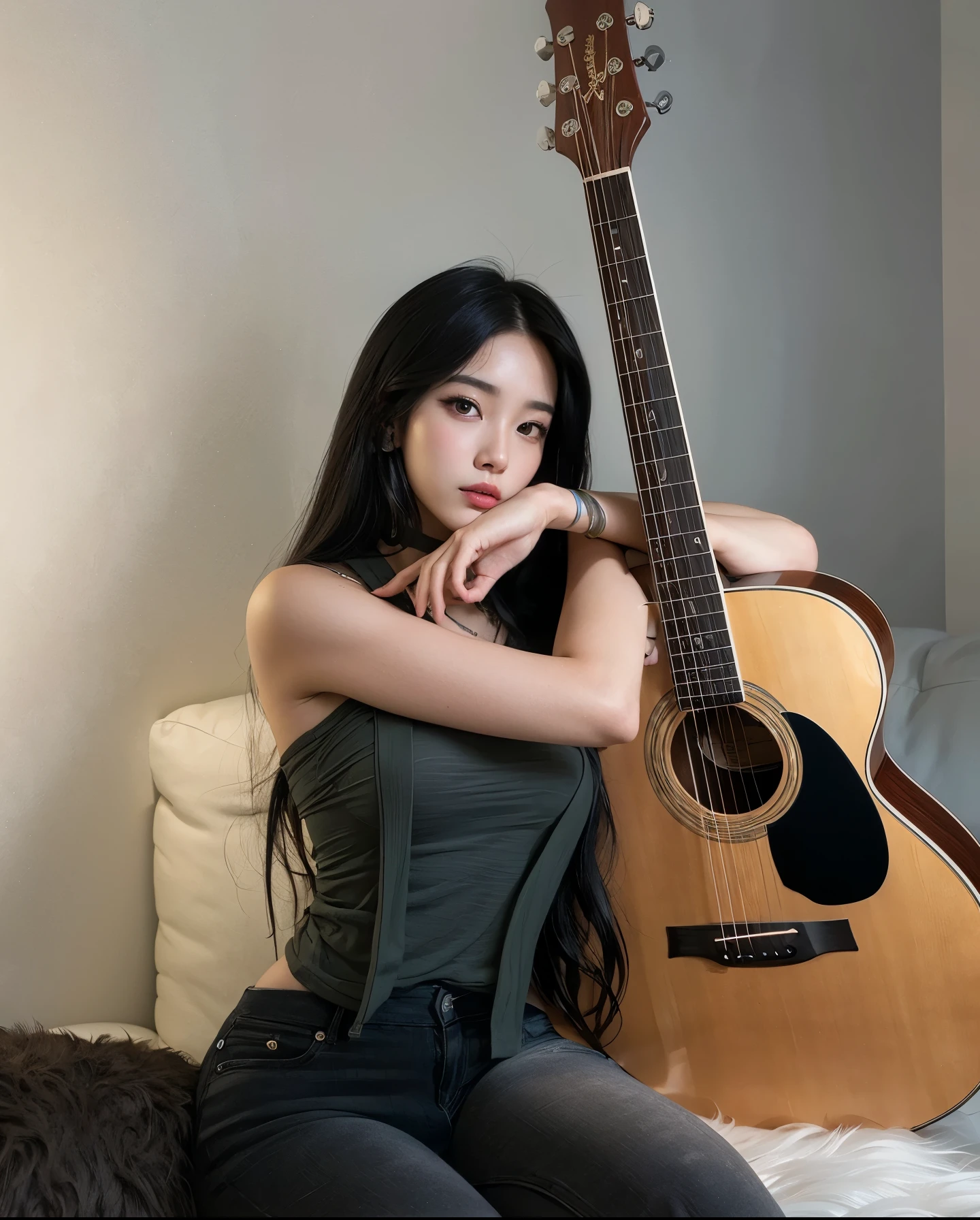 arafed woman sitting on a couch with a guitar in her lap, korean idol, beautiful south korean woman, heonhwa choe, korean girl, jaeyeon nam, ulzzang, sun yunjoo, korean artist, jisoo from blackpink, dilraba dilmurat, holding a guitar, xision wu, jinyoung shin, portrait of jossi of blackpink