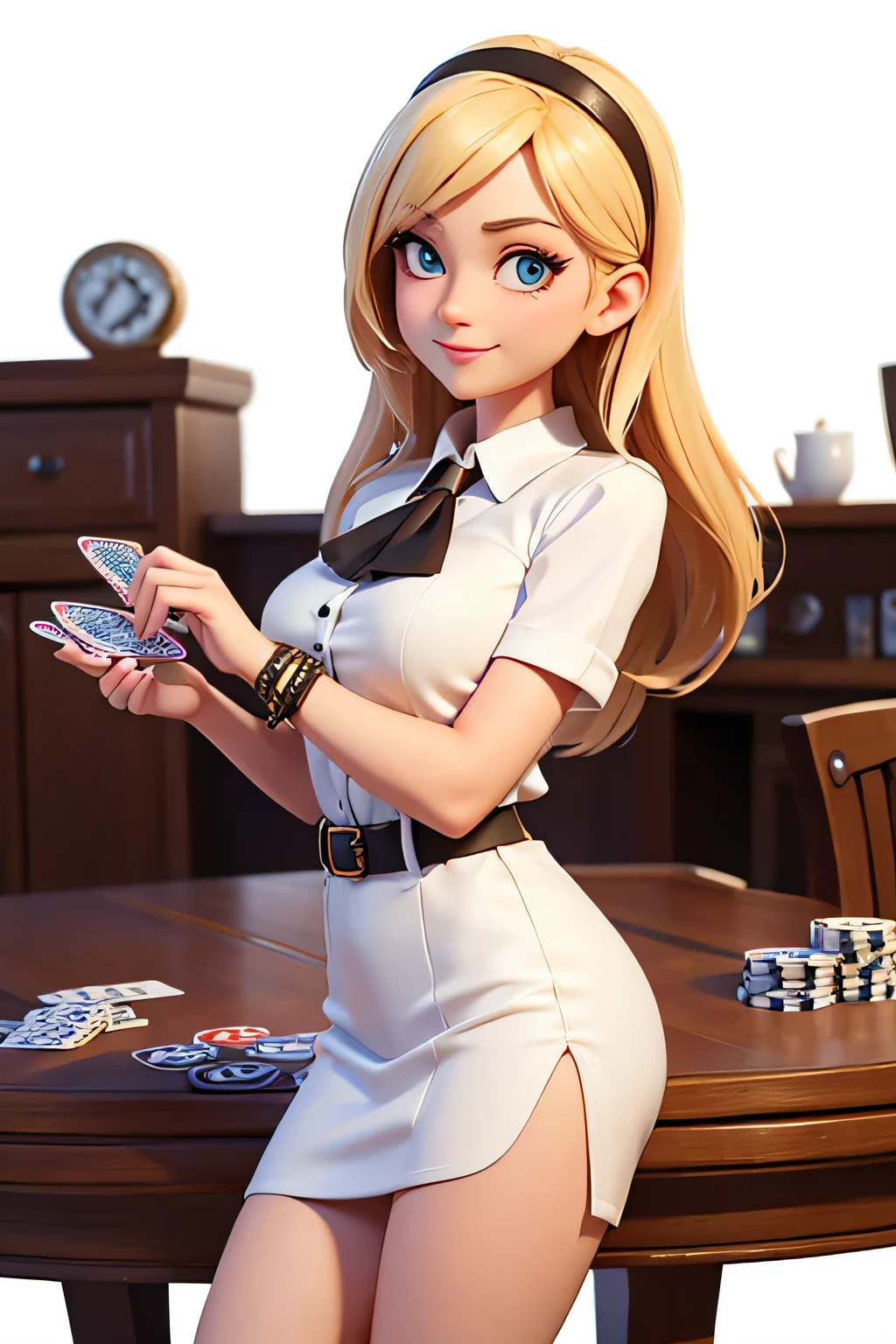 a girl,8k highly detailed, casual games, , 3D art style, Half body photo,dealer,White background,big eyes,blond,charming,dealer,playing cards in hand,mature woman,solid color background,long hair,Smile,