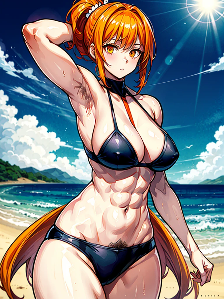 （（（masterpiece、Highest image quality、highest quality、highly detailed unity 8ｋwallpaper）））、（（Illustration of one girl））、（（（beautiful girl）））、（（orange hair、side ponytail、sidelocks：1.4、orange eyes））、（（（stocky build：1.5, thickset physique：1.6, muscular legs, broad shoulders, solid chest：1.5）））、（（（orange hairy armpits：1.4）））、(armpit hair:1.4)、swimsuit、sandy beach