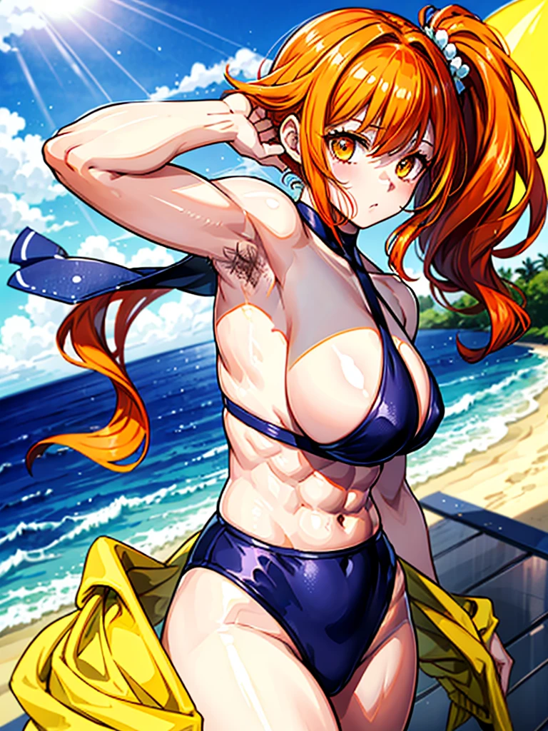 （（（masterpiece、Highest image quality、highest quality、highly detailed unity 8ｋwallpaper）））、（（Illustration of one girl））、（（（beautiful girl）））、（（orange hair、side ponytail、sidelocks：1.4、orange eyes））、（（（stocky build：1.5, thickset physique：1.6, muscular legs, broad shoulders, solid chest：1.5）））、（（（orange hairy armpits：1.4）））、(armpit hair:1.4)、swimsuit、sandy beach