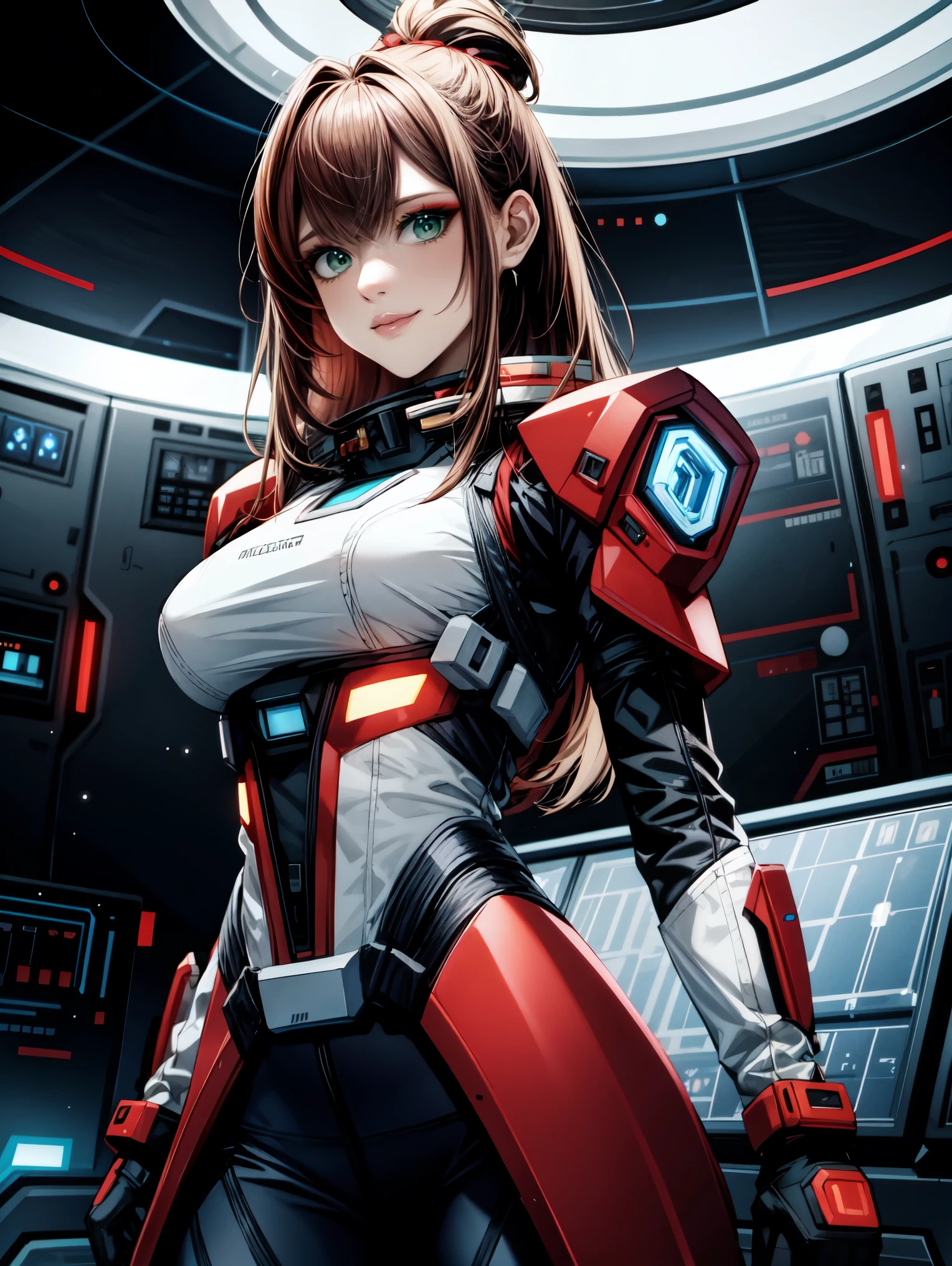 Masterpiece in ((8K)) resolution, with style inspired by futuristic sci-fi. | Alice, ((full_body)) an intrepid 22-year-old Viking warrior, wears a red costume with green chiquinhas in her hair. Her determined gaze reflects courage as she faces the unknown on the Space Station. The bold combination of Viking and futuristic elements creates a unique and captivating image. | In a high-tech scenario, Alice navigates the Space Station, surrounded by holograms, terminals and metal structures. The bright light of the control panels enhances her costume, highlighting her striking presence in the space environment. | The composition focuses on Alice, with a dynamic angle, highlighting her confident posture in the middle of this futuristic scenario.High detailed, More Detail.