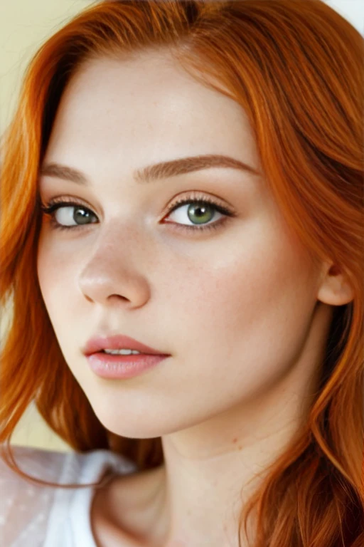 (close-up editorial photo of 20 yo woman, ginger  hair, slim American sweetheart), (freckles:0.8), (lips parted), realistic green eyes, POV, realistic[:, (film grain, 25mm, f/1.2, dof, bokeh, beautiful symmetrical face, perfect sparkling eyes, well defined pupils, high contrast eyes, ultra detailed skin, skin pores, vellus hair, fabric stitching, fabric texture, wood grain, stone texture, finely detailed features:1):0.9]