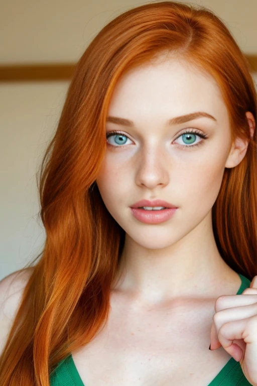 (close-up editorial photo of 20 yo woman, ginger  hair, slim American sweetheart), (freckles:0.8), (lips parted), realistic green eyes, POV, realistic[:, (film grain, 25mm, f/1.2, dof, bokeh, beautiful symmetrical face, perfect sparkling eyes, well defined pupils, high contrast eyes, ultra detailed skin, skin pores, vellus hair, fabric stitching, fabric texture, wood grain, stone texture, finely detailed features:1):0.9]