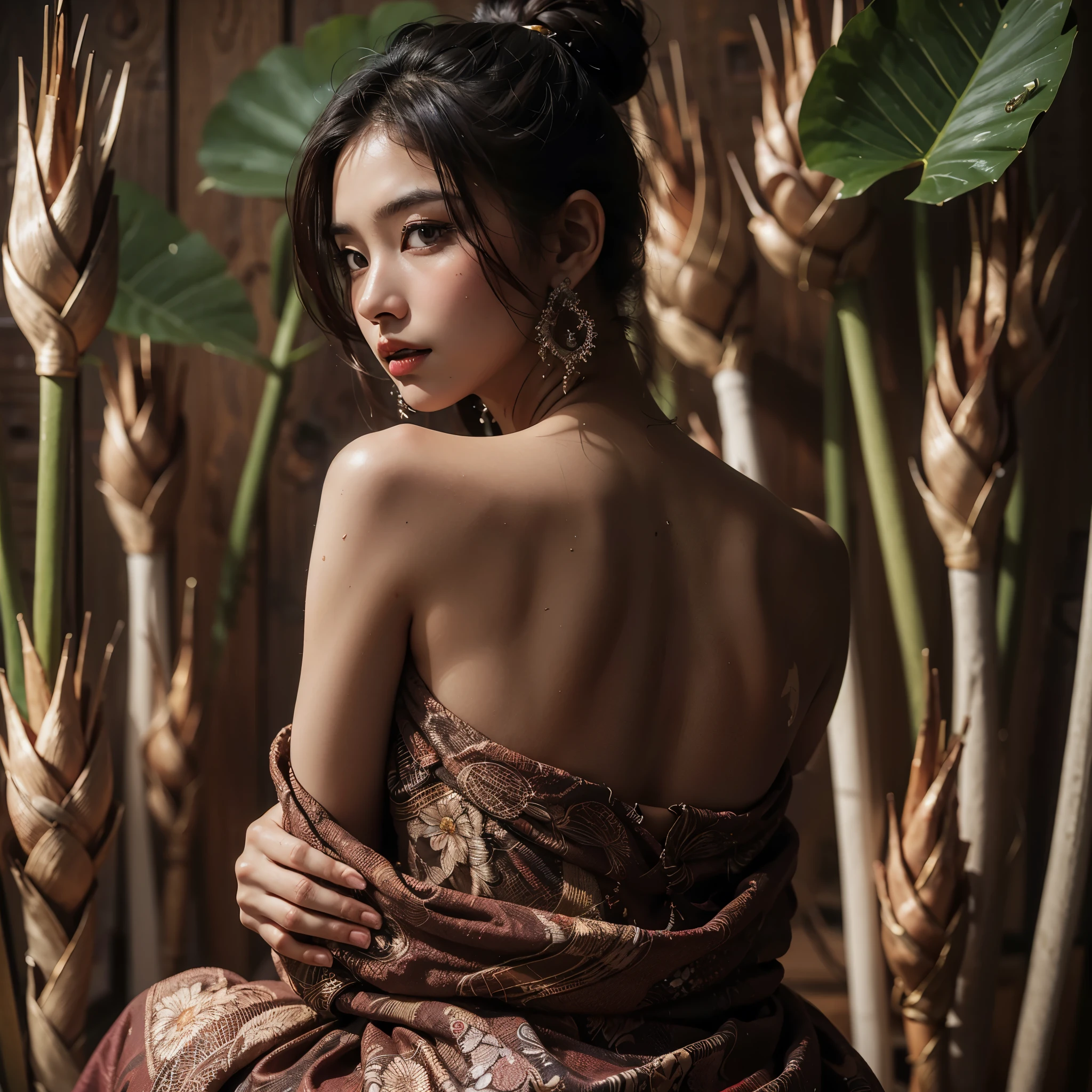 arafed woman in a dress sitting on a chair with a plant, beautiful oriental woman, high - end fashion photoshoot, asian woman, editorial fashion photography, by Basuki Abdullah, fashion photography, editorial model, by Galen Dara, beautiful asian woman, editorial photography, editorial image, batik, an asian woman, draped in flowing fabric, fashion editorial photography, (((sexy back))), (masterpiece, best quality:1.2),(8k,highres,RAW photo,realistic,photo-realistic:1.3),(detailed skin texture,detailed cloth texture,beautiful detailed face:1.25),professional lighting,photon mapping,beautiful soft light,radiosity,physically-based rendering,model shoot style, model shoot style, (extremely detailed CG unity 8k wallpaper), full shot body photo of the most beautiful artwork in the world, complex 3d render ultra detailed, looking at viewer, 18 yo, wet hair, real human skin, vibrant details, hyperrealistic, beautiful, octane render, an extremely delicate and beautiful, extremely detailed ,CG ,unity ,wallpaper,Amazing, finely detail,official art,extreme detailed eyes, (perfect face), shiny skin, colorful, highest detailed, vibrant colors, ultra high res, (high contrast), intricate, lens flare