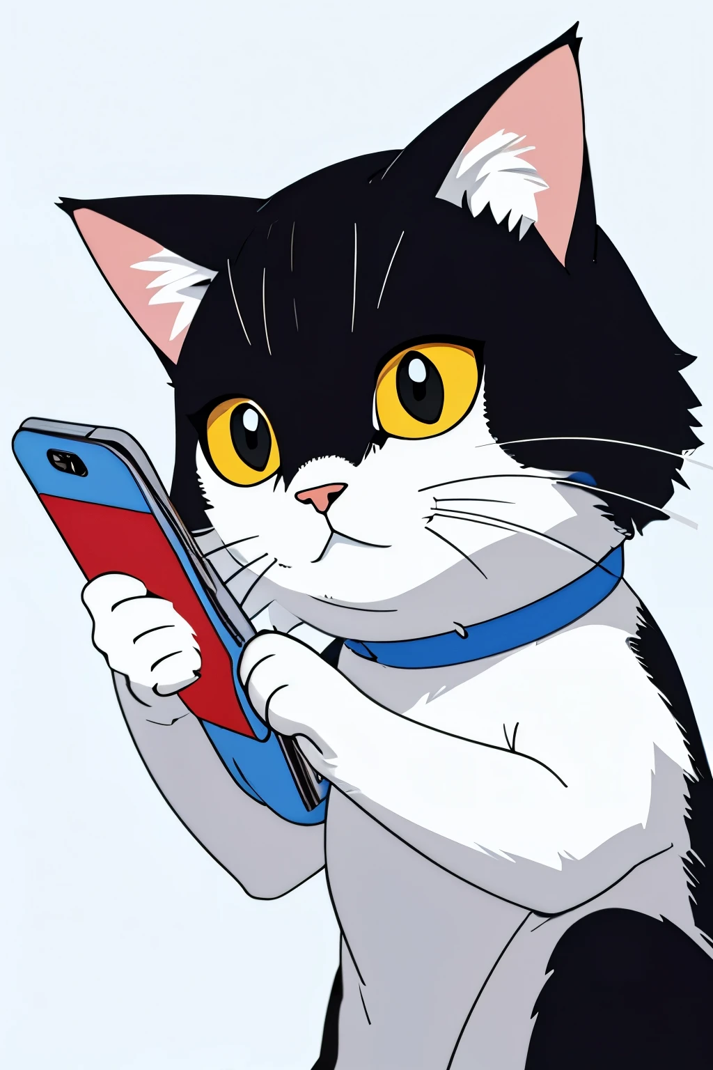 A simple cat, using a smartphone, a white wallpaper.