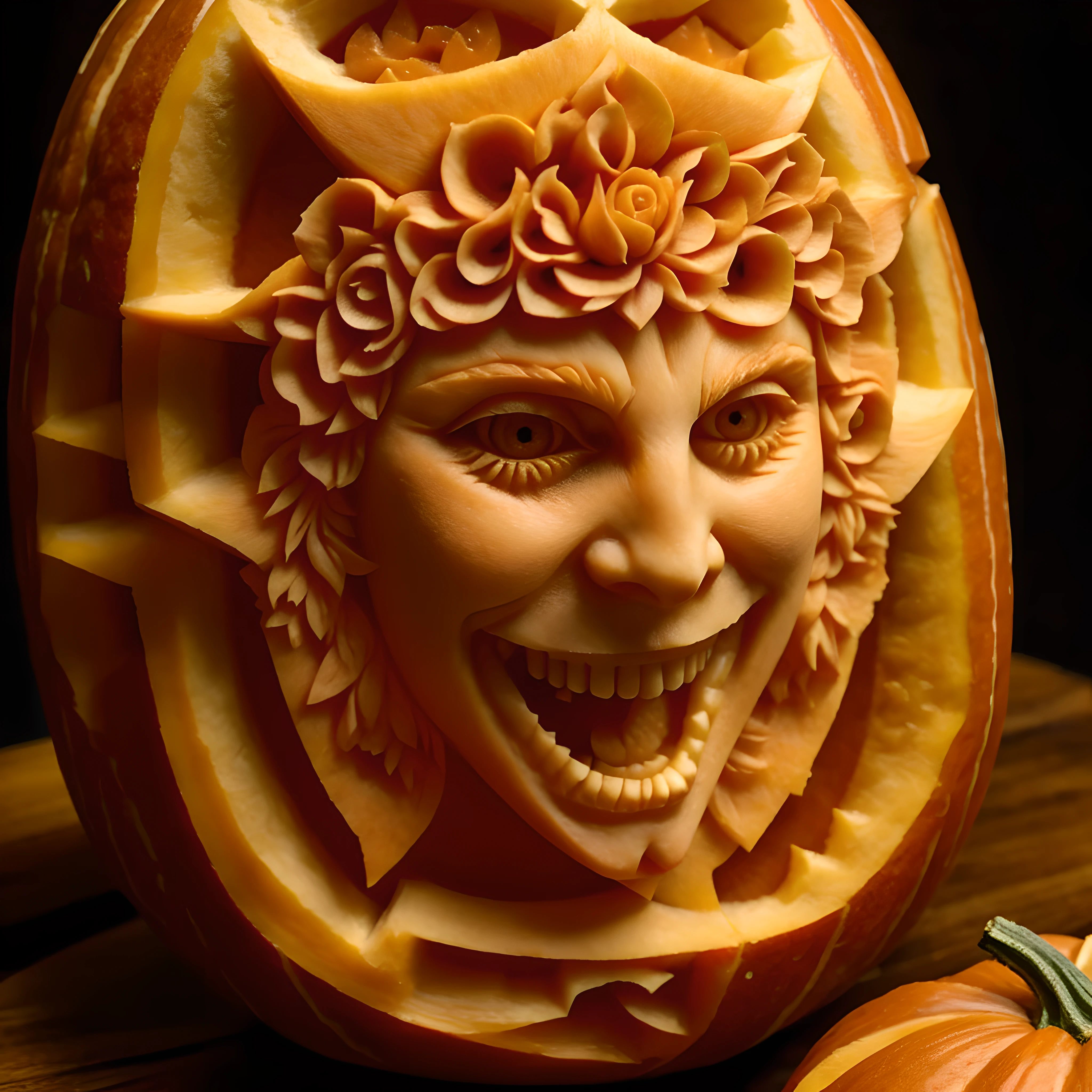 Masterpiece in maximum 16K resolution. | Professional 3D, pumpkin ((carving)), beautiful vampire queen. | ((More_Detail))