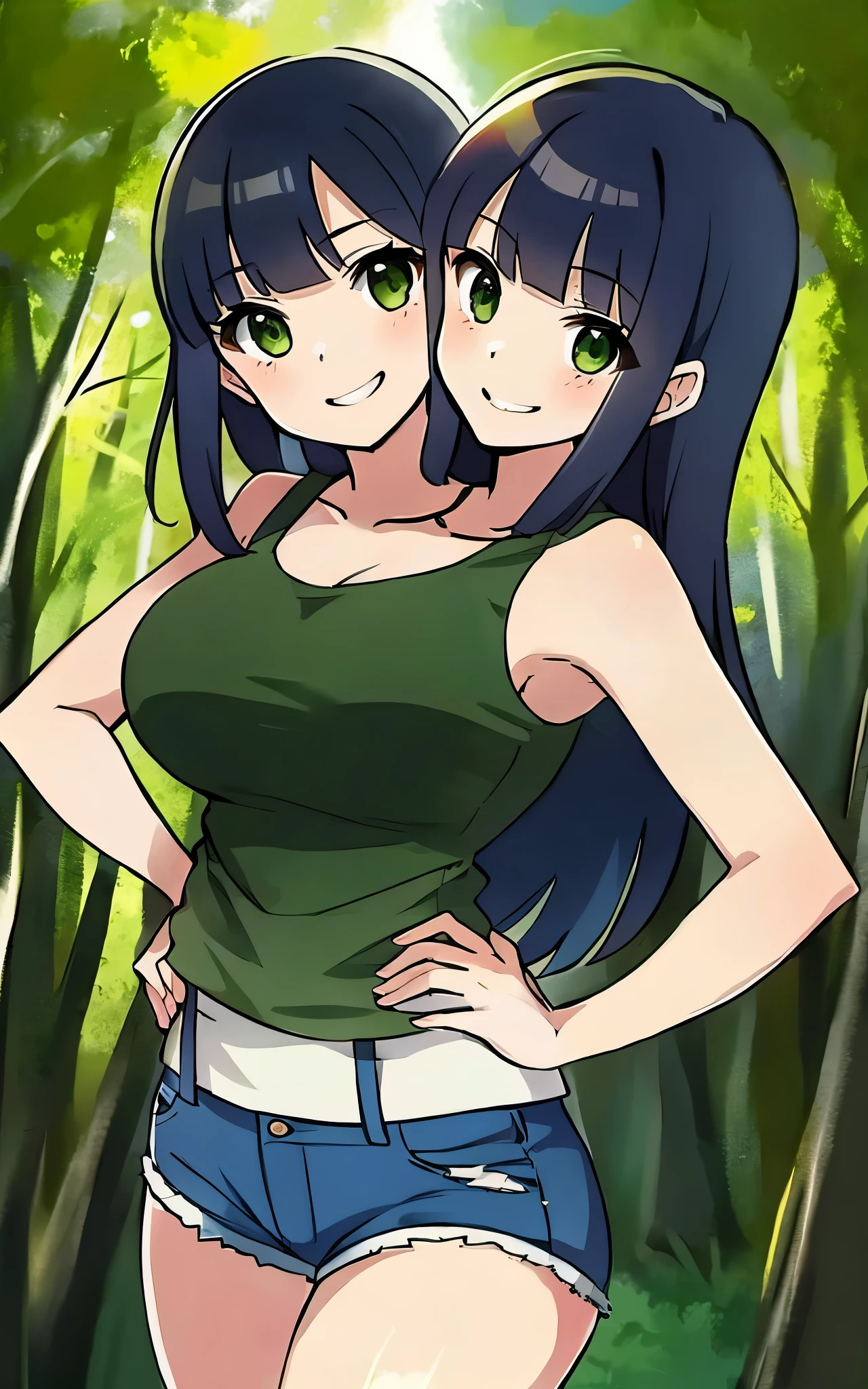 masterpiece, best resolution,saito naoki-style,  2heads, woman with 2 heads, tanktop, denimshorts, smiling forest background