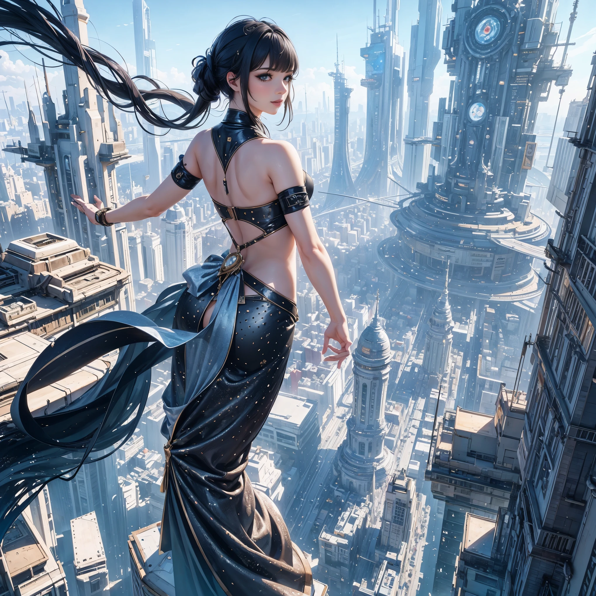 (ultra-detailed, masterpiece:1.2), extremely detailed artwork, best quality, high-resolution, hyper-realistic:1.37, attractive girl, breathtaking leap, background cityscape, beautiful detailed eyes, beautiful detailed lips, long eyelashes, flowing hair, graceful pose, sunlight illuminating her face, vibrant colors, vivid city lights, dynamic composition, lively atmosphere, bustling streets, architectural landmarks, dramatic perspective, cinematic flair, ethereal beauty, enchanting smile, captivating energy, artistically captivating, awe-inspiring talent, stunning visual impact