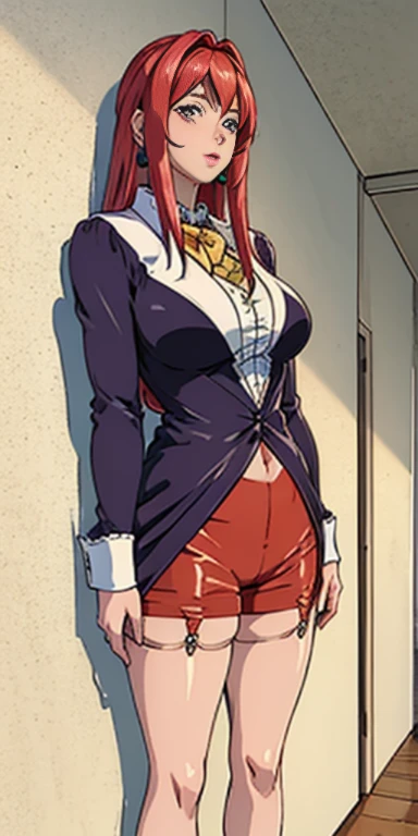 (Masterpiece, Top quality, Highest quality, offcial art, Beautiful and aesthetic: 1.2), (One girl), Very detailed, Colorful, Highest detail,
, Teacher, Red-haired, Long-haired, lipstick, Makeup, Purple-eyed, Perfect eyes, Earrings, shirt, Jacket, Black thighs, a garter belt, Absolute area, pencil skirts, uniform,
jewelry, Hands on the chest, See-through, Look at the Beholder, hair adornments, choker necklace, Shy,
(Big: 1.2, Upper body, from bottom, camel-toe,) White panties, Skirt lift,
City, street, Leaning, wall, Sun, Cloud,