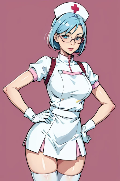 1womanl, Nurse, Nurse Cap, Whiteware, ((White legwear, zettai ryouiki)), White Gloves, eye glasses, blue hairs, pink lipsticks, Standing, hospitals, sharp outline, Short sleeves, a matural female, 35 year old, Best Quality, masutepiece