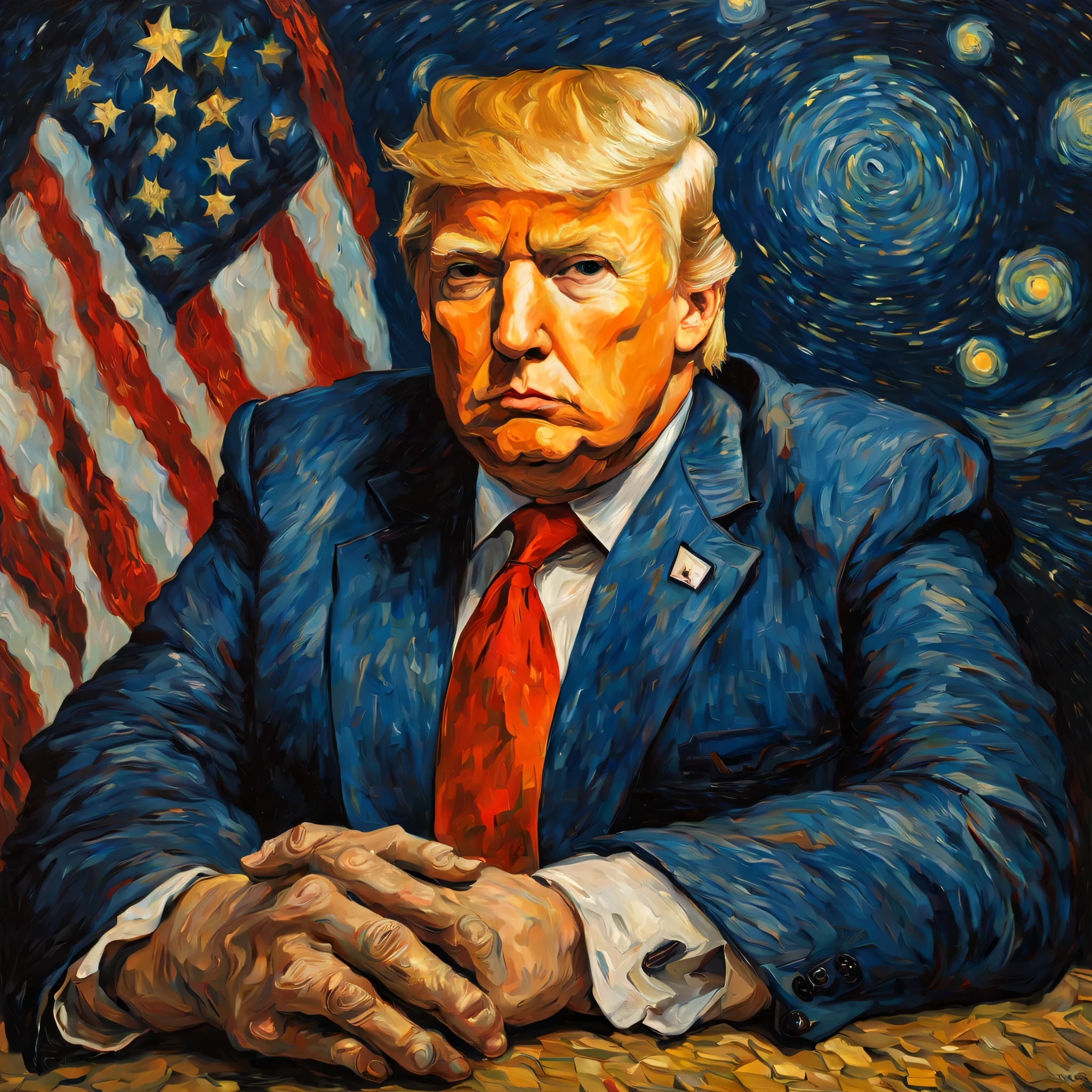 oil painting by van gogh, portrait of president Donald Trump, style of starry night painting