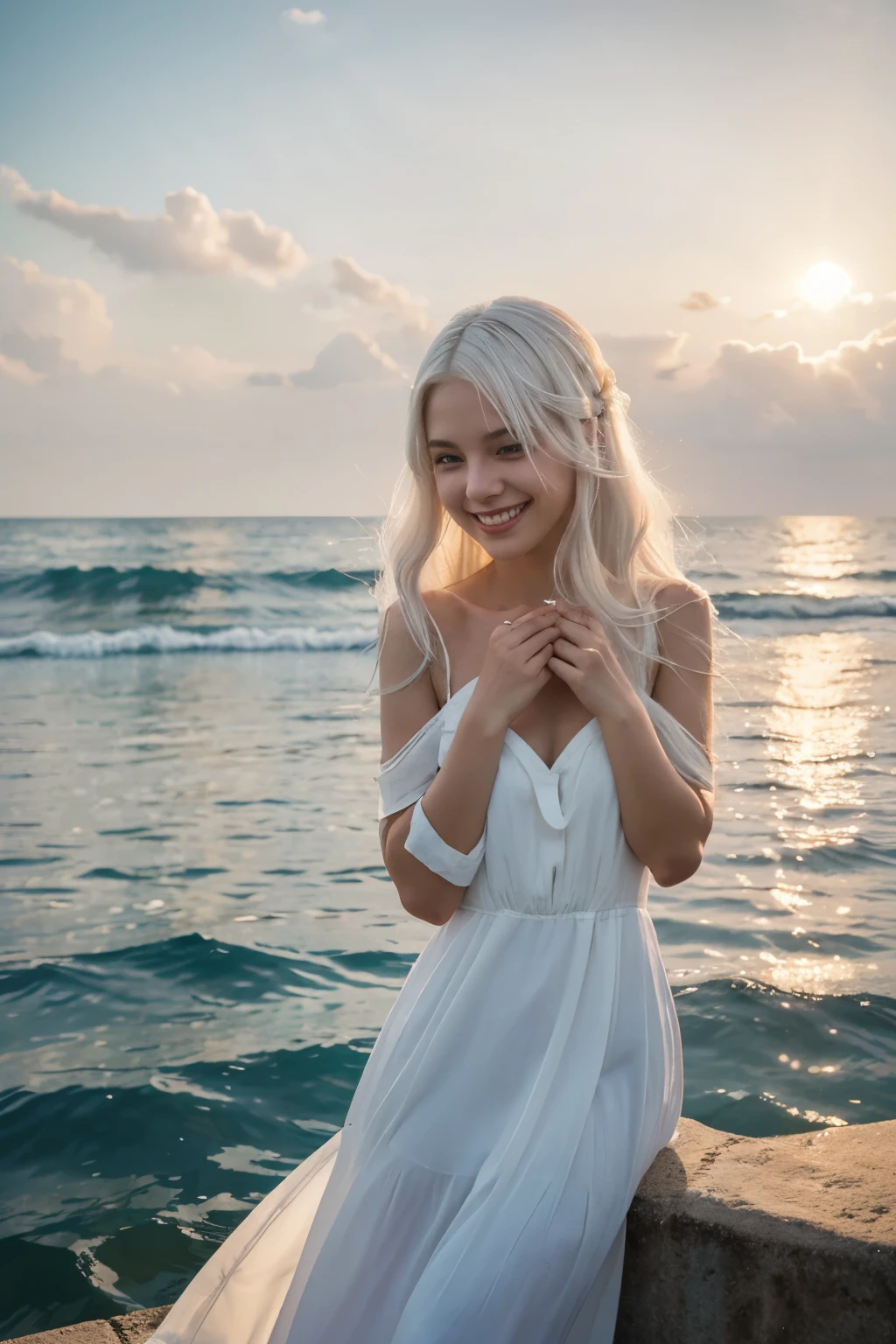 Smiling girl with white hair against the background of the sea in a long white dress, Looking at the sunset. the sea shimmers with reflections. A dove sits on the girl&#39;s palms.