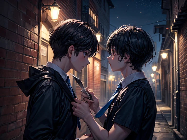 (masterpiece), best quality, high quality, dynamic light, (2 boys fight with each other), upper body, /(boy1/), (holding knife in hand), /(boy2/), (school uniform, (blue tie)), night sky, dark alley, horror, from side, side view