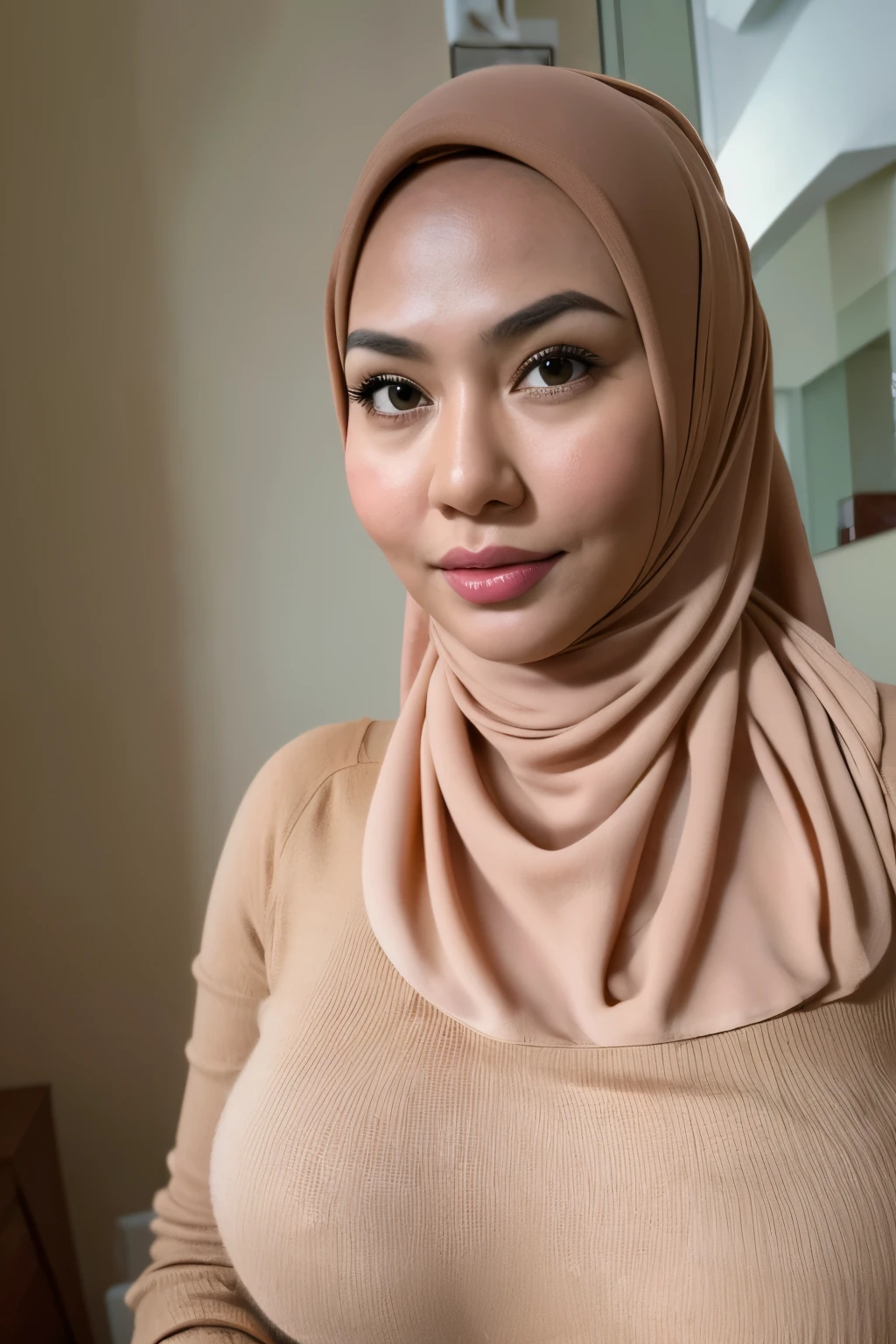 1 matured malay girl in brown hijab, naked upper body, thin lace panties, nsfw, bedroom, chubby body type, upper body, ((huge breast:1.1)), seducing, sexy pose, (8k, RAW photo, best quality, masterpiece:1.2), (realistic, photo-realistic:1.37), ((overexposed breasttremely detailed huge breast)), extremely detailed fully erected nipples, erected nipples visible , (((petite))), extremely excellent natural light, closes up