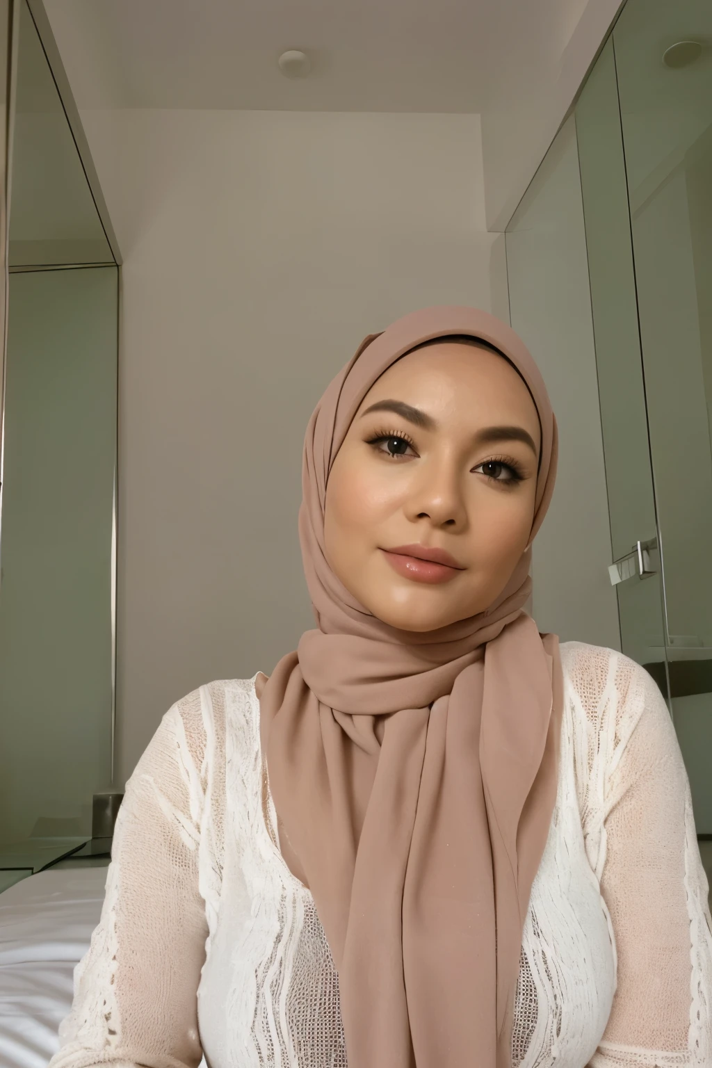 1 matured malay girl in brown hijab, naked upper body, thin lace panties, nsfw, bedroom, chubby body type, upper body, ((huge breast:1.1)), seducing, sexy pose, (8k, RAW photo, best quality, masterpiece:1.2), (realistic, photo-realistic:1.37), ((overexposed breasttremely detailed huge breast)), extremely detailed fully erected nipples, erected nipples visible , (((petite))), extremely excellent natural light, closes up