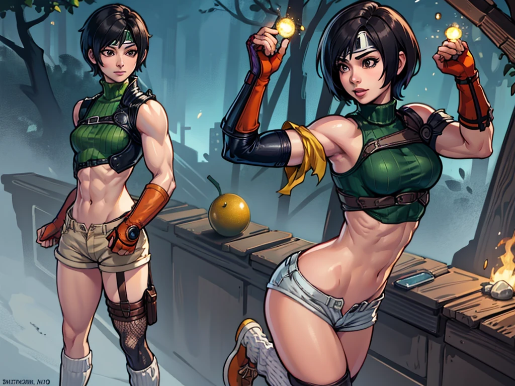 thick outlines, comics, photorealistic, perfect hands, masterpiece:1.2, forest, colorful, standing, happy, 1 girl, solo, yuffie kisaragi, short hair, black hair, headband, sleeveless turtleneck, shoulder armor, armguard, fingerless gloves, tan shorts, single thighhigh, fishnets, socks, sneakers, small breast, detailed background, detailed face, detailed eyes, strong arms, muscular thighs, ripped muscles, six pack abs, muscle arms, muscular