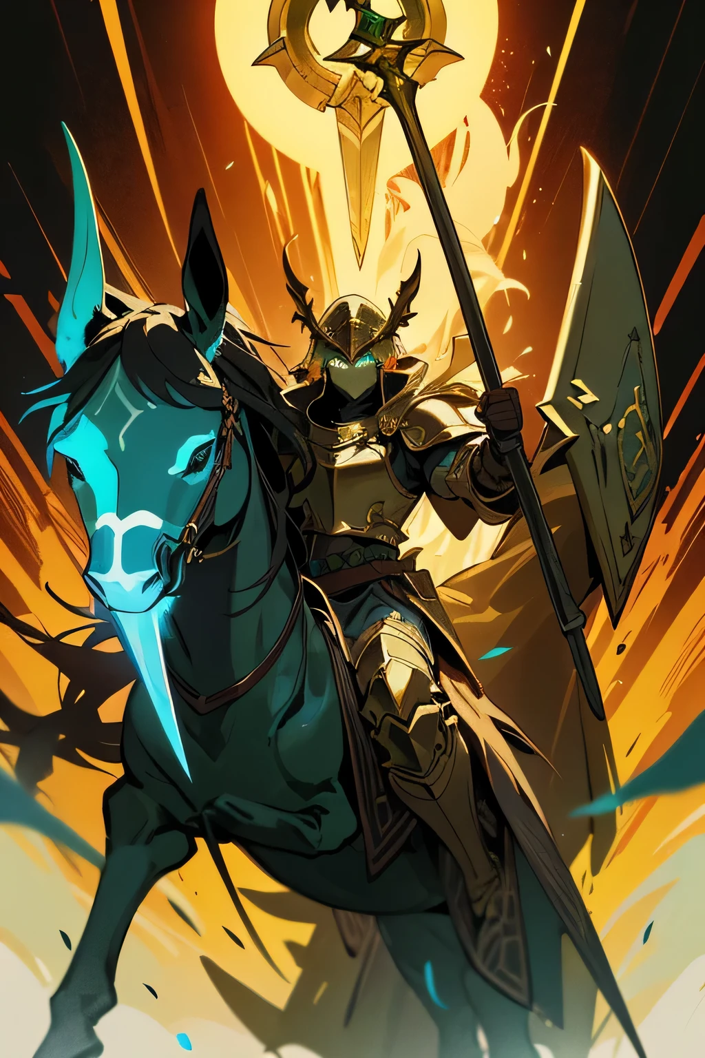 epic heroic fantasy golden armored knight, wielding mystical cloak of jade red energy, cavalgando,escudo de machado grande de cavalo preto, bright green eyes with visor casting sacred magic river forest background, obra de arte, tema de fantasia sombria, corpo inteiro, alto detalhe, cor profunda, arte conceitual, estilo anime, Manga style, Fantasy art hyper detail deep color cinematic highly detailed mighty mighty saint