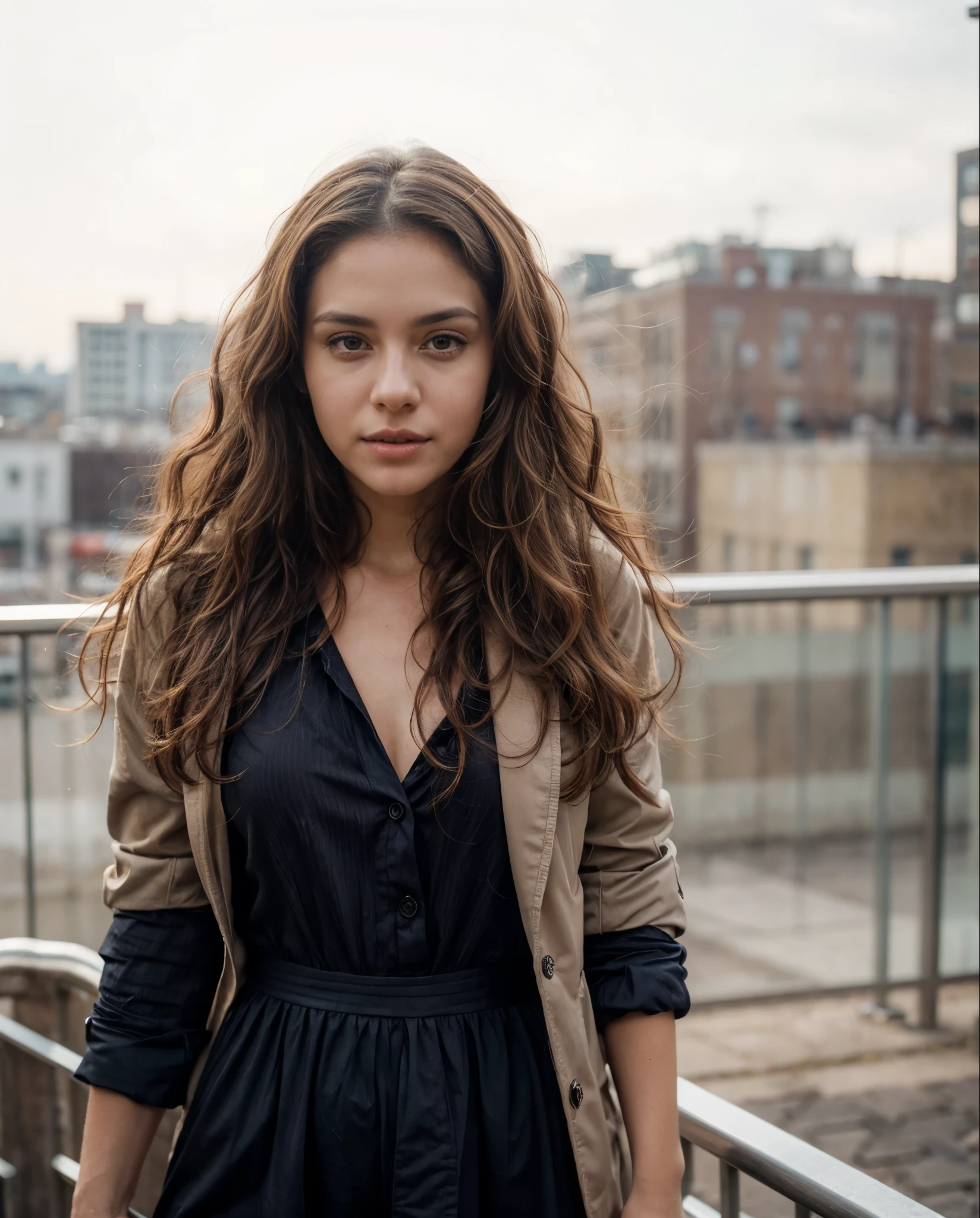 one beautiful woman, oval face, senseful lips, big brown eyes, 30 years old, slim sporty body, middle size breast, outside in a city, 1/2 body, front view, long curly hair, wearing fashionable clothes, clothes are whole and consitant, no text, sunny weather, backgorund blurred, sefie shot, cinematic lighting, motion blur, film grain, very detailed, 30 years, natural curly brown hair, dark brown eyes, high-res, masterpiece, best quality, intricate details, highly detailed, sharp focus, detailed skin, realistic skin texture, texture, detailed eyes, professional, 4k, 85mm, shallow depth of field, kodak color vision, perfect fit body, extremely detailed, photo_\(ultra\), photorealistic, realistic, post-processing, maximum detail, roughness, real life, ultra realistic, photorealism, photography, 8k uhd, photography (grain of film) medium shot for closeup shot, longer slimer face, perfect face, long oval lovely face, dark brown eyes, (((VERY CURLY))), deep charming look, deep brown charming eyes, flirty look, perfect face