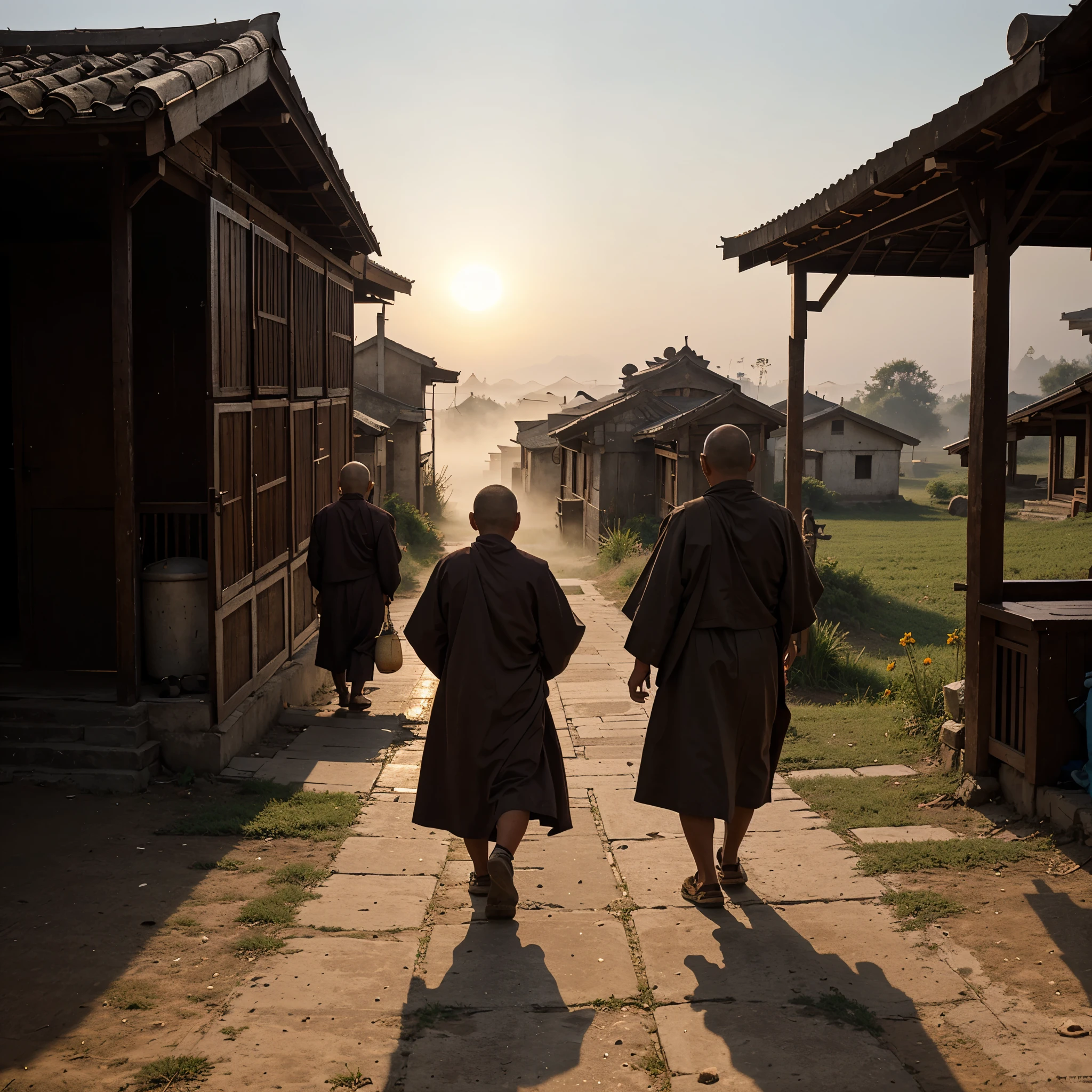A picture of monks walking to collect alms in the northeastern countryside at sunrise. There are old people giving alms and children amidst the mist.