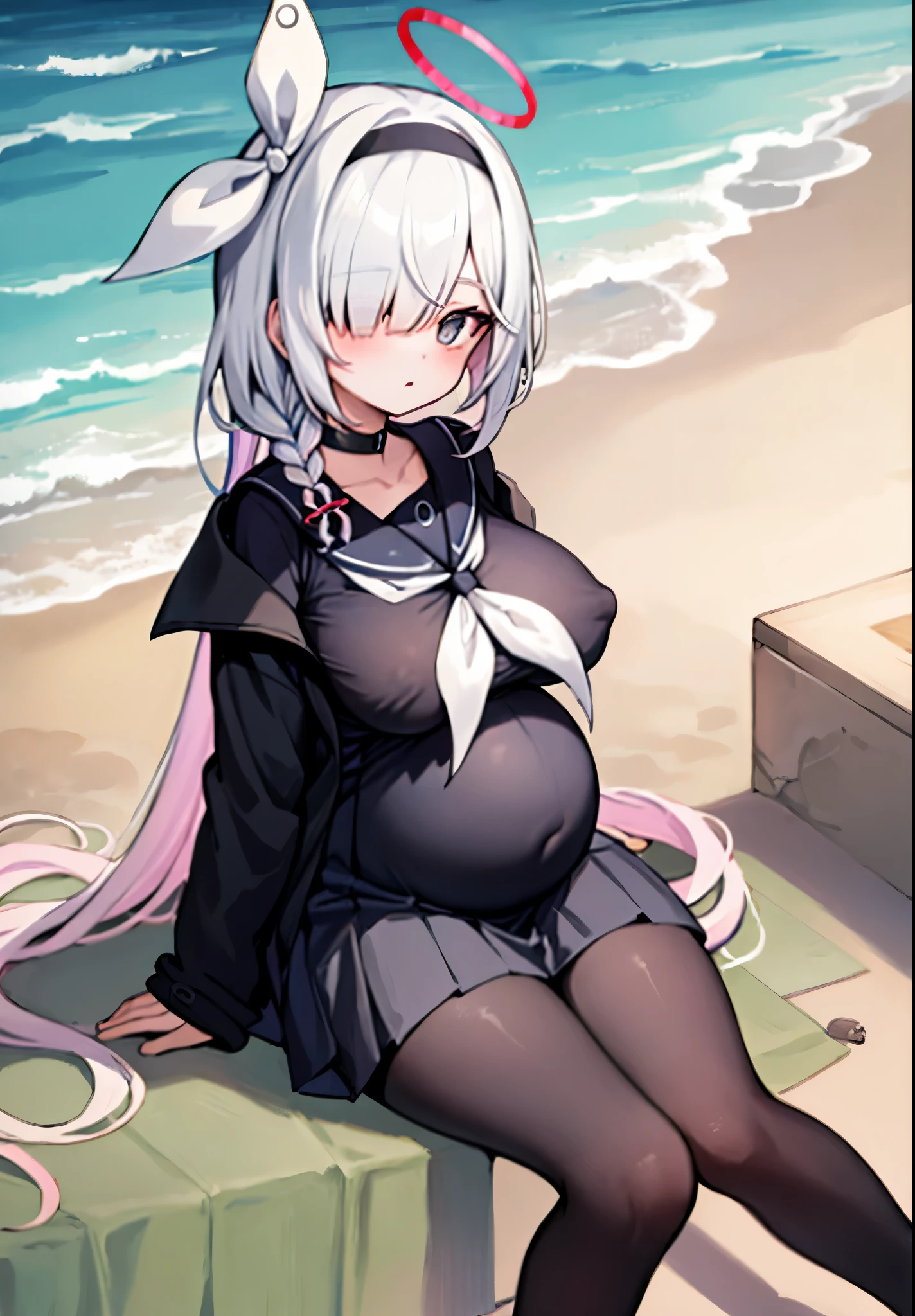 (best quality, masterpiece:1.2),
a girl,
alone,
aureole,
hair covering one eye,
headband,
halo,
black collar,
collar,
school uniform,
braided,
long hair,
Sailor collar,
pleated skirt,
bangs,
ribbon,
long sleeves,
scarf,
clavicle,
black headband,
white scarf,
black dress,
headband,
jacket,
pigtails,
bow,
tights,
black tights,
barefoot,
parting her lips,
blushing,
extremely huge breasts,
(covered nipples),
pregnant,Birds sit