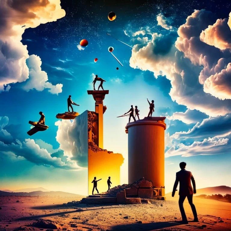 a poster with a surrealist illustration of a cracked Greek style broken statue of a man with two people throwing a bucket of paint at the statue psychedelic and meteors falling from the sky in an isolated place post apocalyptic psychedelic style experimental surrealist style