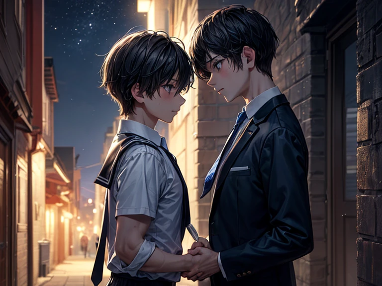 (masterpiece), best quality, high quality, dynamic light, 2 boys facing each other, upper body, /(boy1/), (holding knife in hand), /(boy2/), (school uniform, (blue tie)), night sky, dark alley, horror, from side, side view