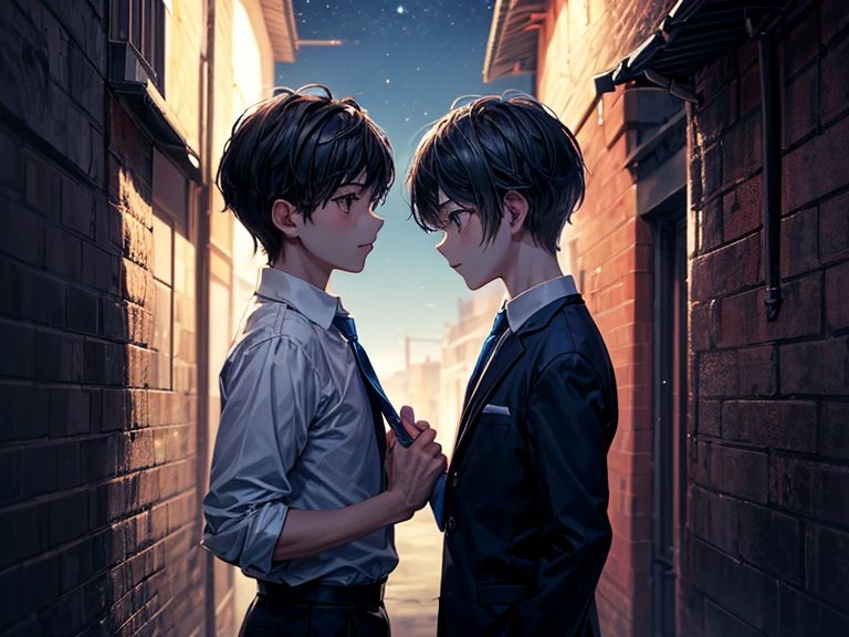 (masterpiece), best quality, high quality, dynamic light,  2 boys facing each other, upper body, /(boy1/), (holding knife in hand), /(boy2/), (school uniform, (blue tie)), night sky, dark alley, horror, from side, side view 