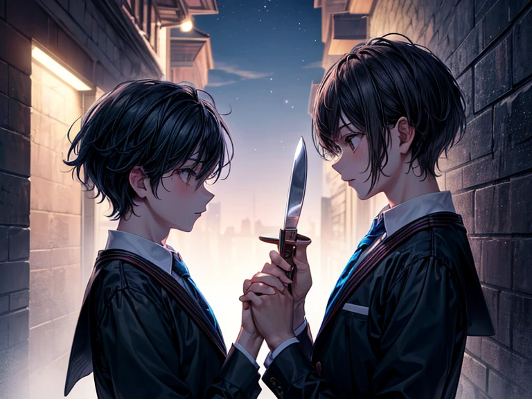 (masterpiece), best quality, high quality, dynamic light, 2 boys facing each other, upper body, /(boy1/), (holding knife in hand), /(boy2/), (school uniform, (blue tie)), night sky, dark alley, horror, from side, side view