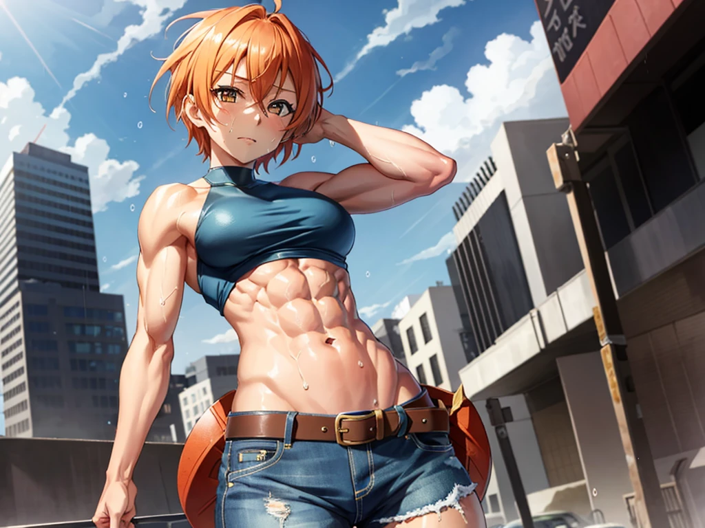 Hoshizora rin, Best Quality,(beauty), 1girl,phisically-based render ,ultra highres,(cowboy shot:1.5),narrow waist, skinny, LeonaMS ,muscular, big eyes,long legs,jeans,leather belt,small breasts,puffy eyes, leather belt,(rainy city), shiny skin, facing viewer, Victory posture,(midriff:0.7), sweating, flying sweat drops, strong arms, muscular thighs, ripped muscles, six pack abs, muscle arms, muscular