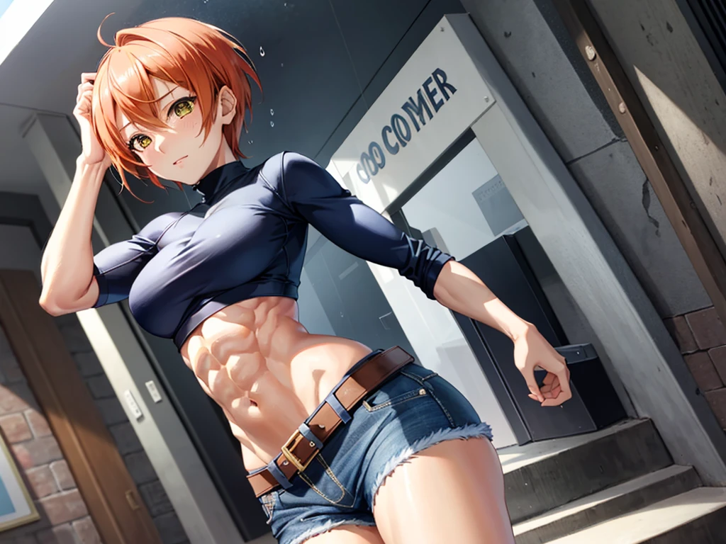 realistic, Beautiful detailed girl, clear and beautiful, Personage as the main perspective, shiny_skin, girl,woman,female, young,25 years old, (medium hair), bangs, (Top knot:1.3), sidelocks, red-pinkish hair, (beautiful detailed Glass hair), pink streaked hair,beautiful detailed cold face, cold expression, complex details beautiful and delicate eyes, fingernails, medium_breasts, , green eyes, Authentic skin texture, (piercing), necklace, naked breasts, naked pussy, knee_boots, bloom,(line art:1.2),realistic illustration,unreal engine,(GoPro),insanely detailed,perfect shading,digital art,(ray tracing), white tank_top, naked pussy, cheeky smile, chastity belt