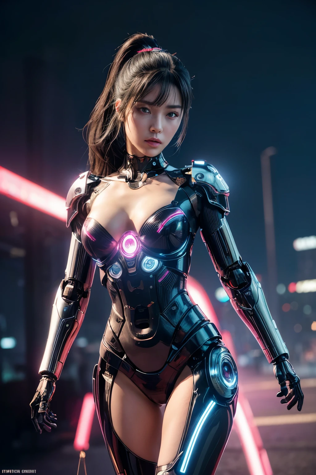 ((hyperrealistic, photorealistic, 8k, intricate detailasterpieceest quality, (Portrait:1.3), full body, ultra-detailed, a hot geisha, expose vagina, change pink vulgar armor, fleshy lips, silky skin, cyborechanical limbs), hybrid machine woman, android girl, cyborg queen, robotic goddess, robotic valkyrie, mechanical diva, divine circuits, ex-machina goddess, transhuman maiden, cybernetic goddess, cybernetic eroticism, dynamic angle, standing pose, (1 girl), Heterochromia red and blue eyes, Black ponytail hair, cybernetic pink micro armor, neck body mechanisms, gorgeous beautiful face, red orbs lighting power, multicolored neon cloud, neon twilight, cybernetic city, broken city background