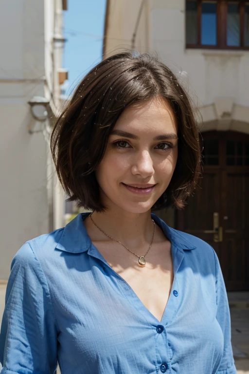 woman with short hair, brunette smile 0.2 pendant around the neck sky blue blouse with open buttons
