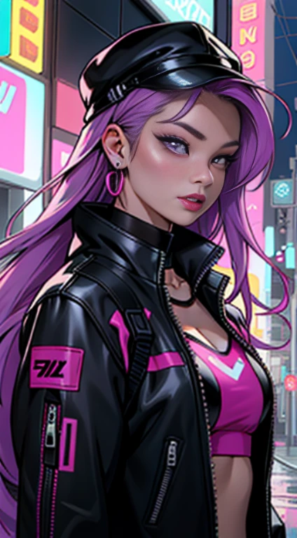 Jennie from BlackPink: Jennie has a unique style and a striking appearance. Their hair, which can vary in length and color, often styled in a modern and elegant way. His eyes are captivating, with long, well-defined eyelashes. Jennie has flawless, glowing skin with slightly flushed cheekbones. Her lips are full and tightly contoured. She exudes a powerful and confident vibe with her unique look. 1girl, solo, colorful, cyberpunk, city, peace sign, earrings, neon, beautiful lighting, purple reflection, cap, character focus, cg illustration