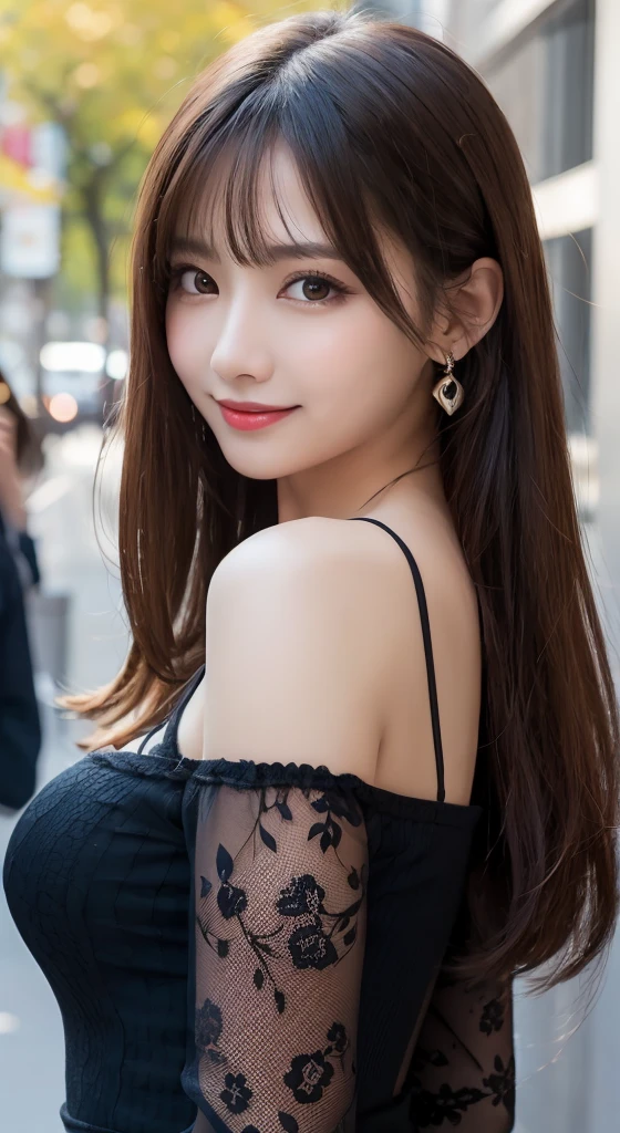 masutepiece, Best Quality, Illustration, Ultra-detailed, finely detail, hight resolution, 8K Wallpaper, Perfect dynamic composition, Beautiful detailed eyes, Women's Fashion Autumn,Straight hair,small tits,Natural Color Lip, Bold  poses,Smile,Harajuku、20 years girl、Cute、Sexyt looking at camera