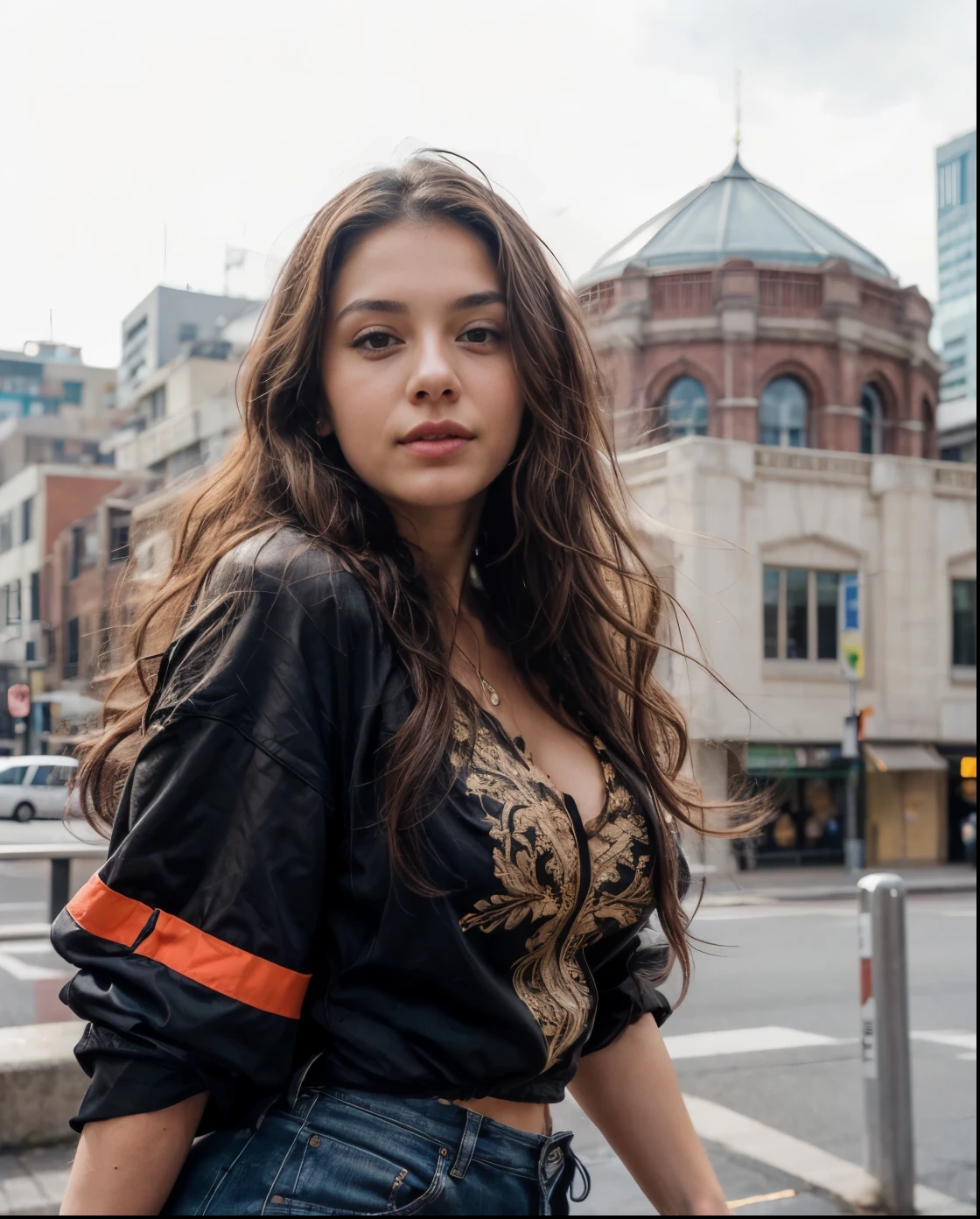 one beautiful woman, oval face, senseful lips, big brown eyes, 30 years old, slim sporty body, middle size breast, outside in a city, 1/2 body, front view, long curly hair, wearing fashionable clothes, clothes are whole and consitant, no text, sunny weather, backgorund blurred, sefie shot, cinematic lighting, motion blur, film grain, very detailed, 30 years, natural curly brown hair, dark brown eyes, high-res, masterpiece, best quality, intricate details, highly detailed, sharp focus, detailed skin, realistic skin texture, texture, detailed eyes, professional, 4k, 85mm, shallow depth of field, kodak color vision, perfect fit body, extremely detailed, photo_\(ultra\), photorealistic, realistic, post-processing, maximum detail, roughness, real life, ultra realistic, photorealism, photography, 8k uhd, photography (grain of film) medium shot for closeup shot, longer slimer face, perfect face, long oval lovely face, dark brown eyes, (((VERY CURLY))), deep charming look, deep brown charming eyes, flirty look, perfect face