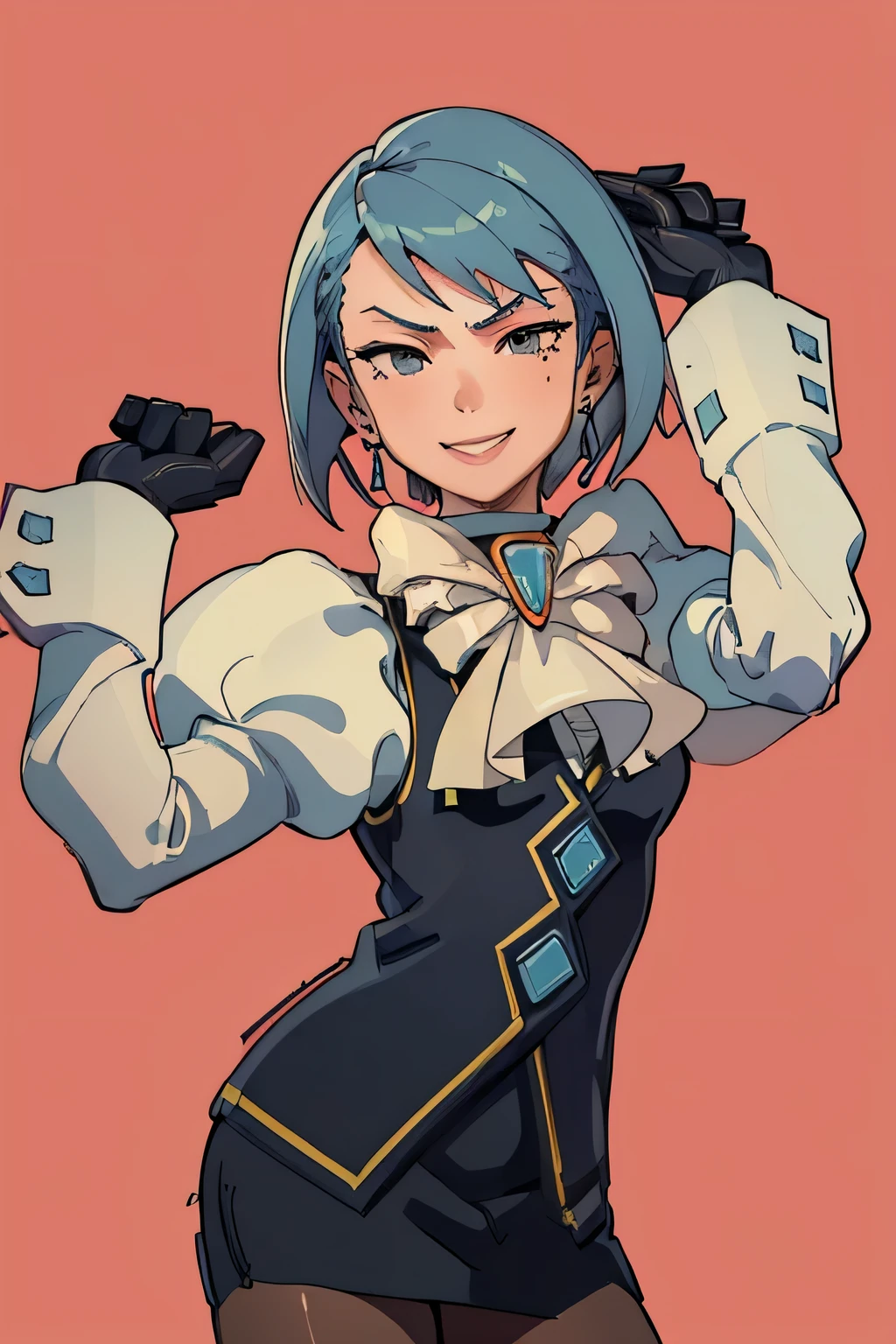 (masterpiece, best quality:1.2), solo, 1girl, aafranziska, kiss, smile, looking at viewer, blue hair, ascot, puffy sleeves, pencil skirt, pantyhose, black gloves, jewelry, earrings 