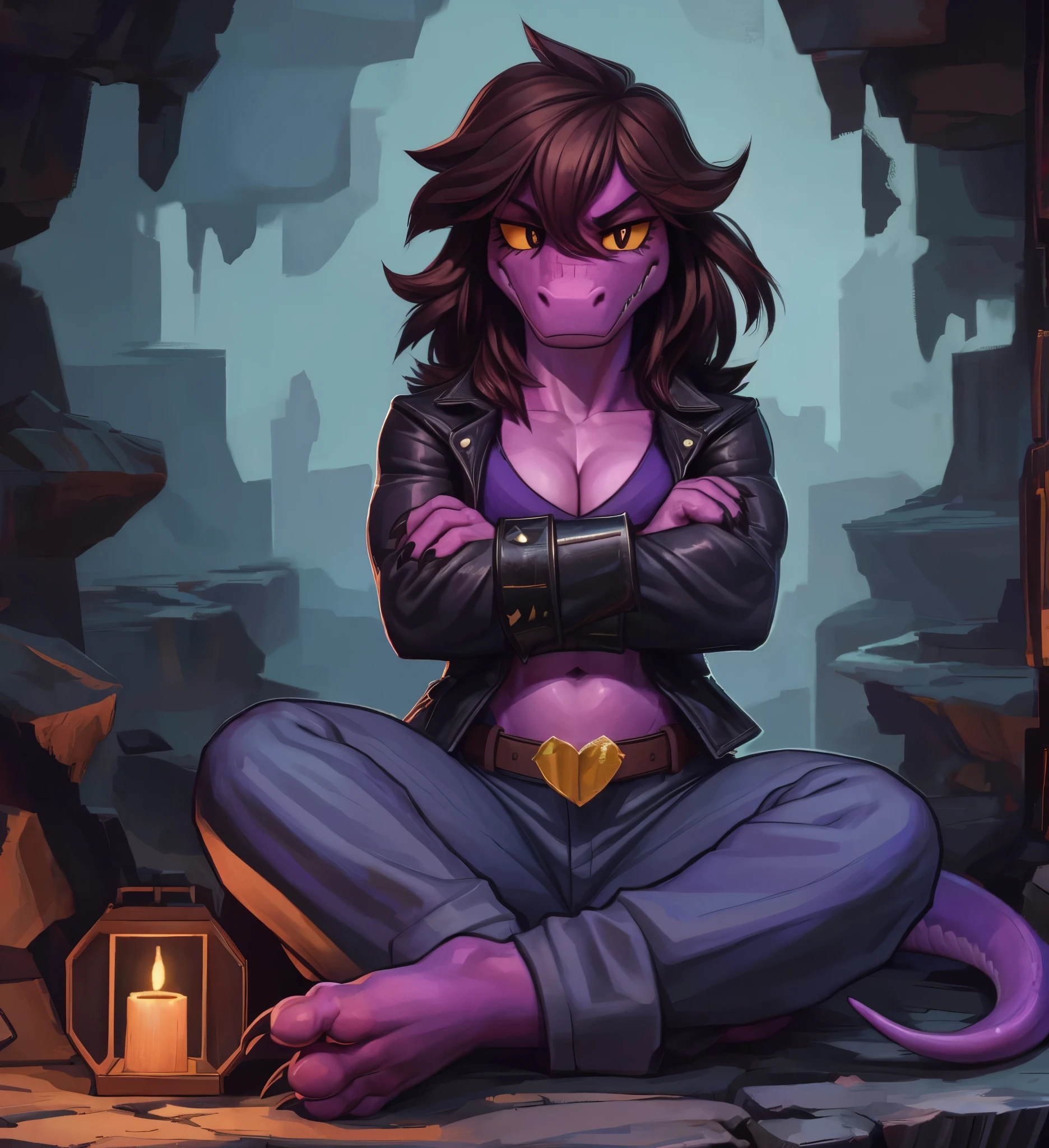 [susie], [Deltarune], [Uploaded to e621.net; (Pixelsketcher), (wamudraws), (woolrool)], ((masterpiece)), ((HD)), ((high res)), ((solo portrait)), ((front view)), ((feet visible)), ((scalie; anthro)), ((detailed fur)), ((detailed shading)), ((beautiful render art)), ((intricate details)), {anthro dinosaur; (athletic figure), purple scales, (reptile snout), (cute eyes), (yellow sclera), (black pupil), (bags under eyes), (short eyelashes), (long messy brown hair), long lizard tail, (sharp black claws), (defined muscles), (medium boobs), (curvy hips), (thick thighs), (beautiful legs), (beautiful feet), (annoyed expression)}, {(black leather jacket), (purple shirt), (cleavage), (navel), (baggy hot-pink pants), (gold heart-shaped belt buckle), (spiky bracers)}, {(sitting on rock), (crossed arms), (crossed legs), (looking at viewer)}, [background; (dark-purple cave), (lantern), (cavern), (ruins), (ambient lighting)]