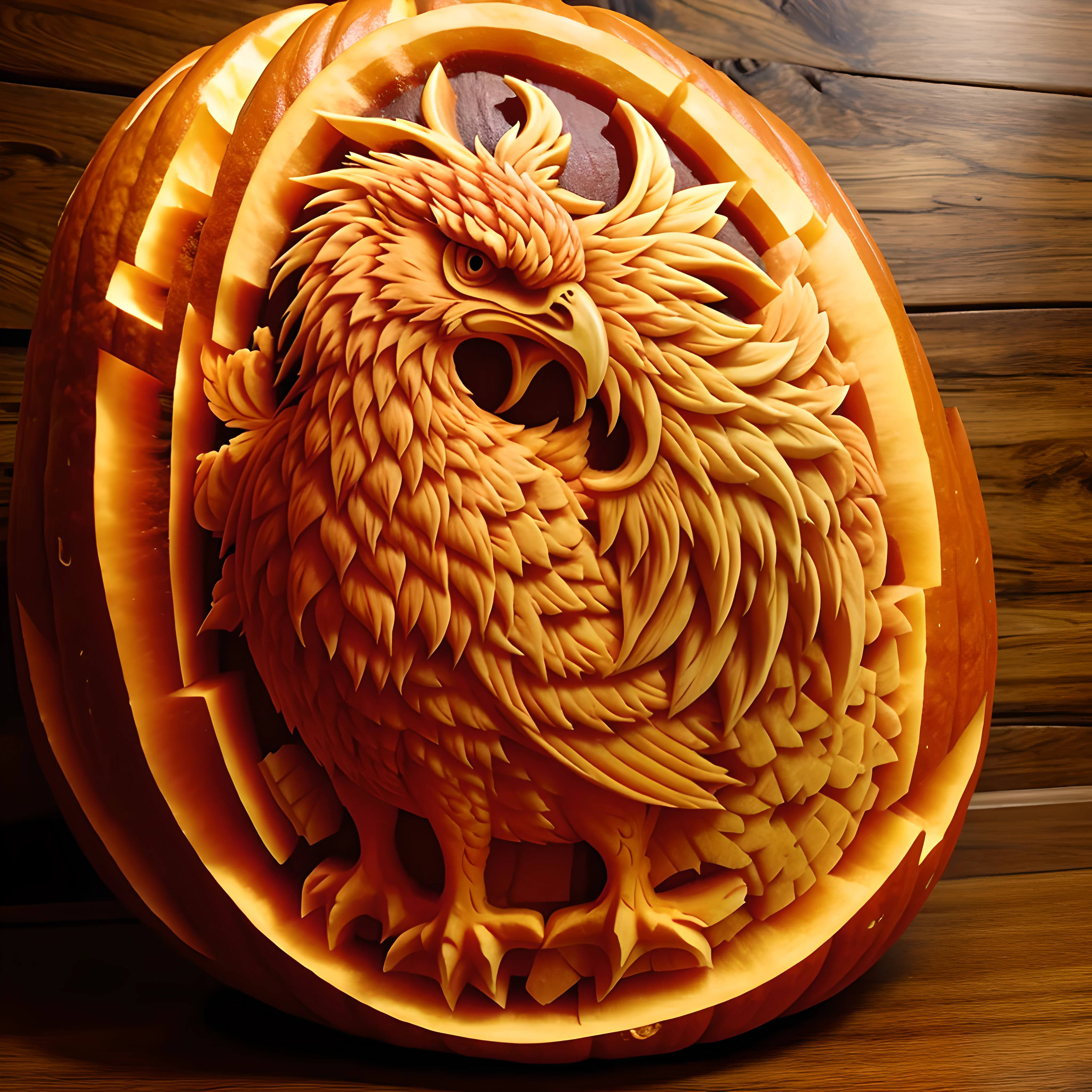 Masterpiece in maximum 16K resolution. | Professional colorful 3D, pumpkin ((carving)), phoenix amidst the steep mountains. | Glowing feathers. | ((More_Detail))
